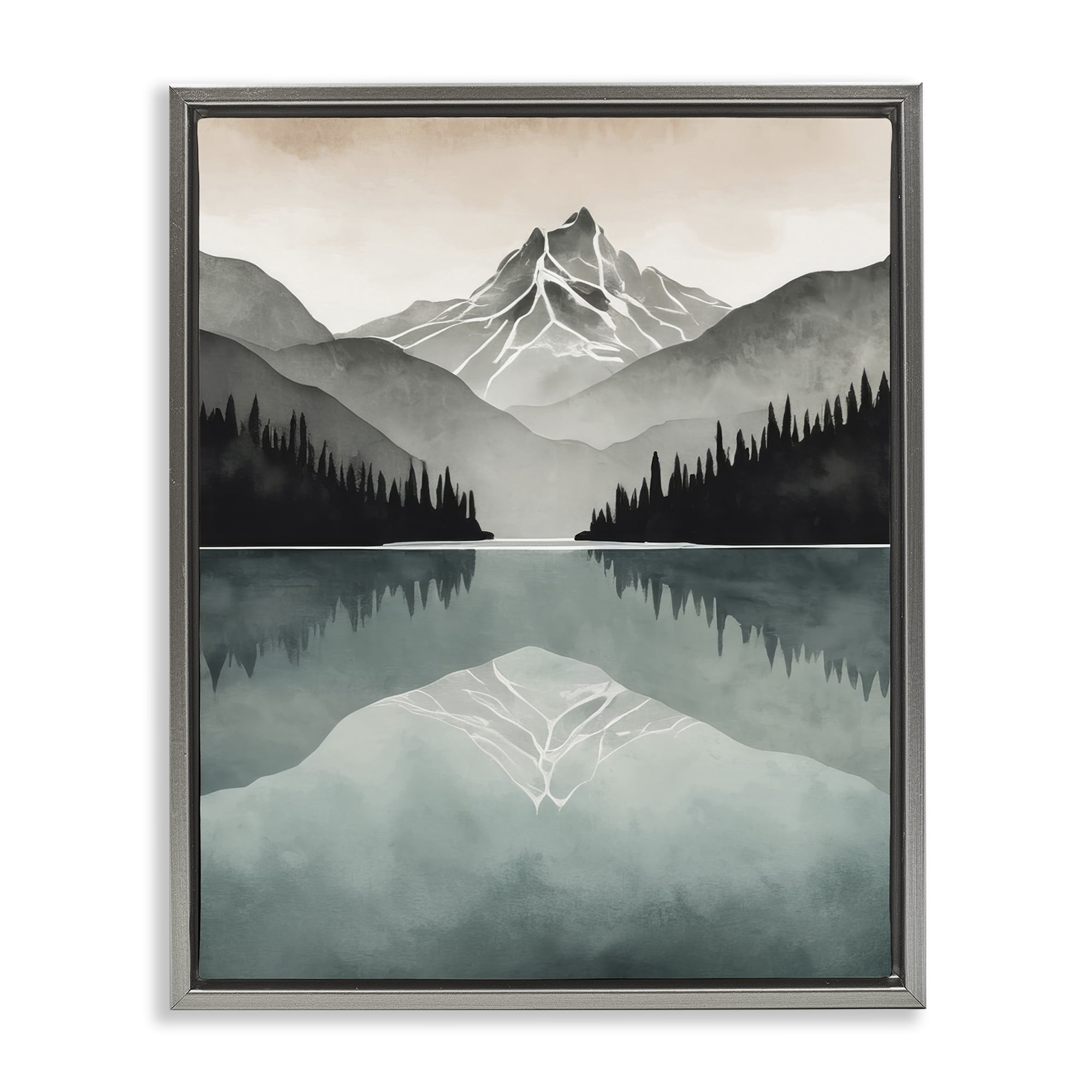 Stupell Industries Mountain Reflecting over Lake Landscape Painting Gray Floater Framed Art Print Wall Art, 25 x 31