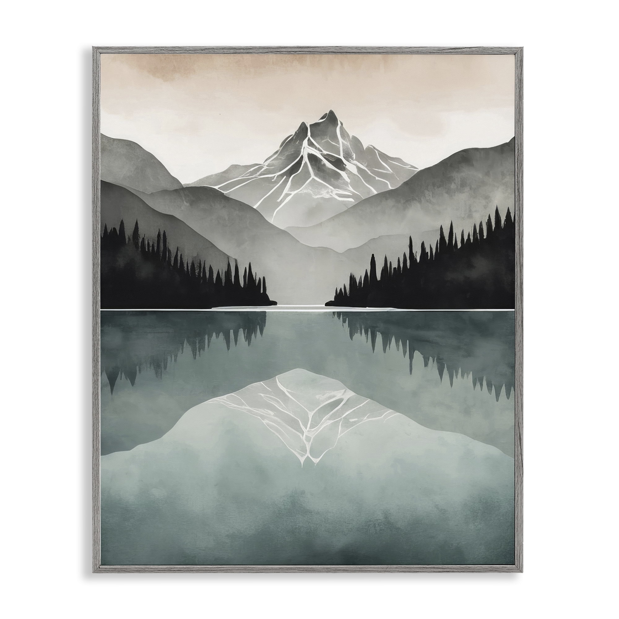 Stupell Industries Mountain Reflecting over Lake Landscape Painting Gray Framed Art Print Wall Art, 16 x 20
