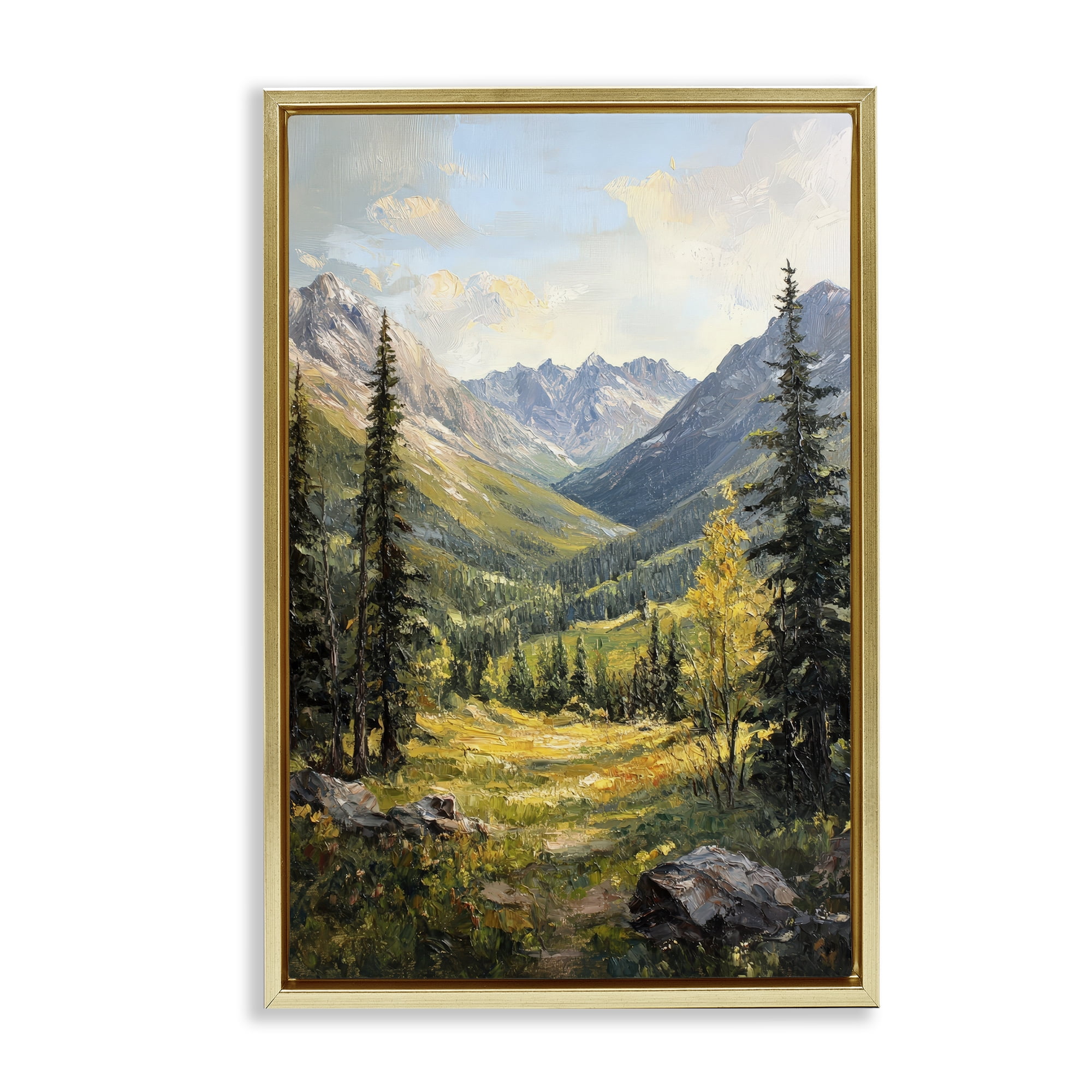 Stupell Industries Mountain Refuge in Golden Valley Gold Framed Floater Canvas Wall Art, design by Petal Prints Design