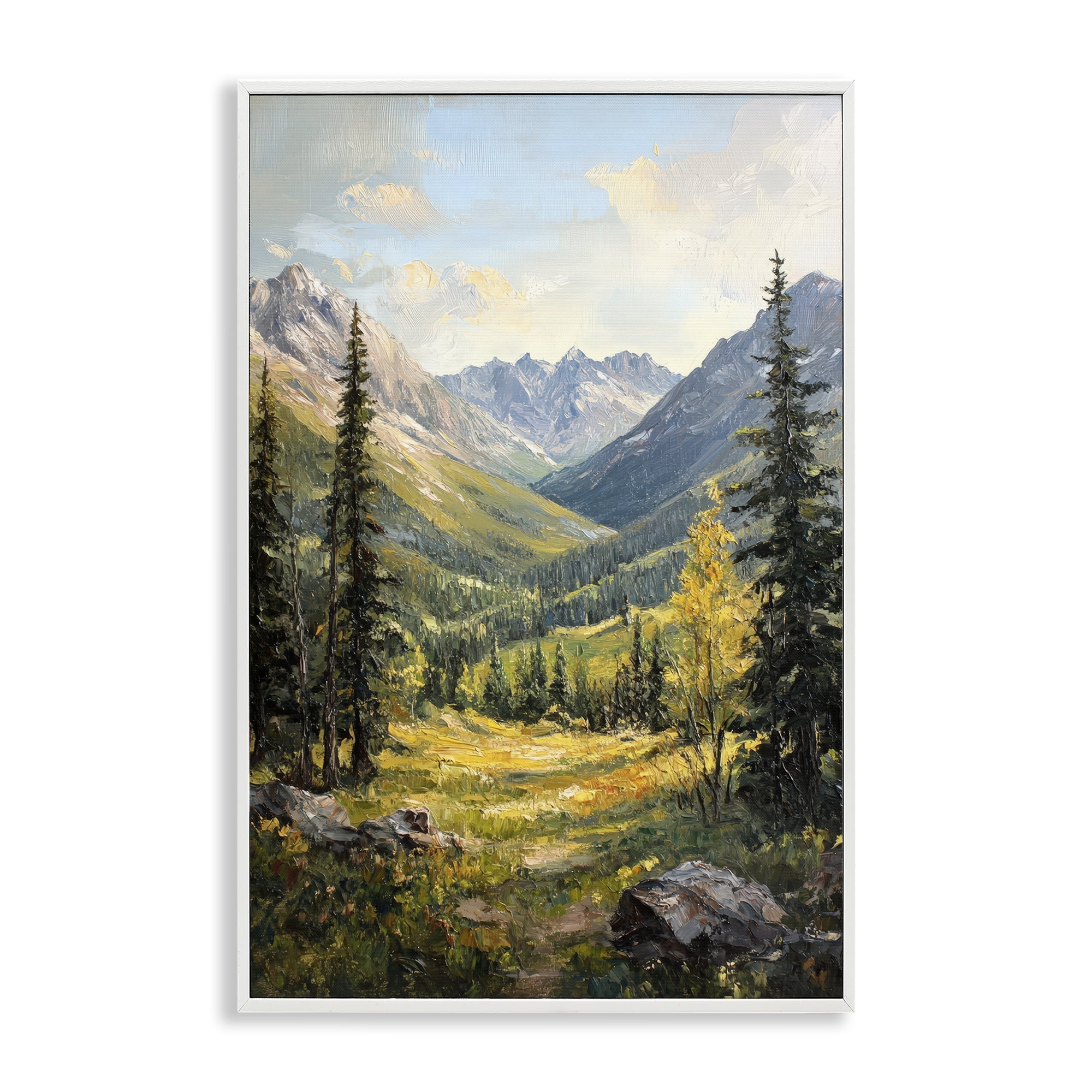Stupell Industries Mountain Refuge in Golden Valley White Framed Giclee Art, design by Petal Prints Design