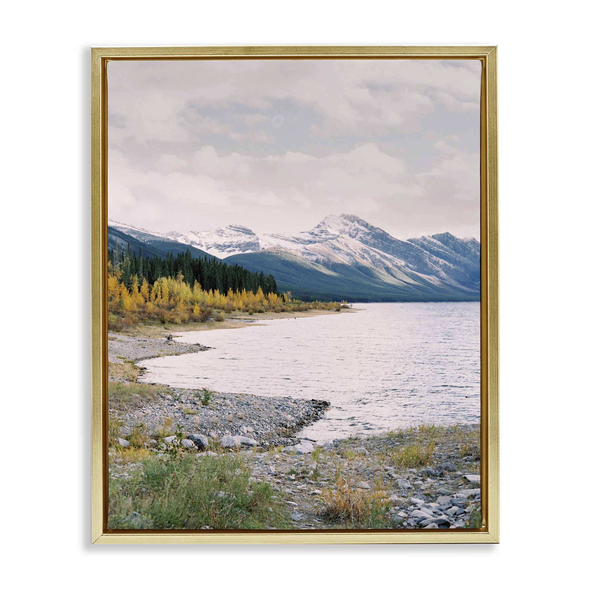 Stupell Industries Mountain Region Shore Landscape Photography Gold Floater Framed Art Print Wall Art, 17 x 21