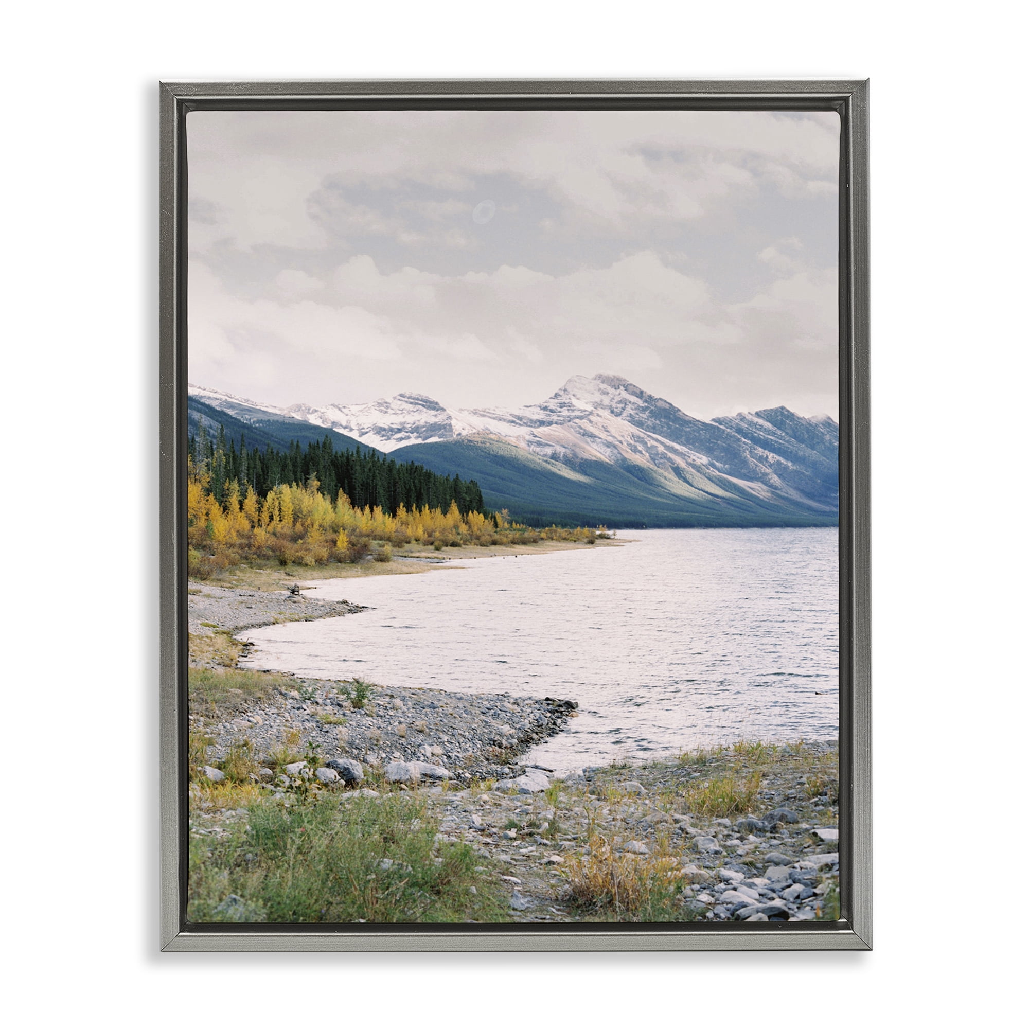 Stupell Industries Mountain Region Shore Landscape Photography Gray Floater Framed Art Print Wall Art, 25 x 31
