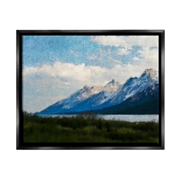 Stupell Industries Mountain & River Landscape Landscape Painting Black Floater Framed Canvas Art Print Wall Art, 21 x 17