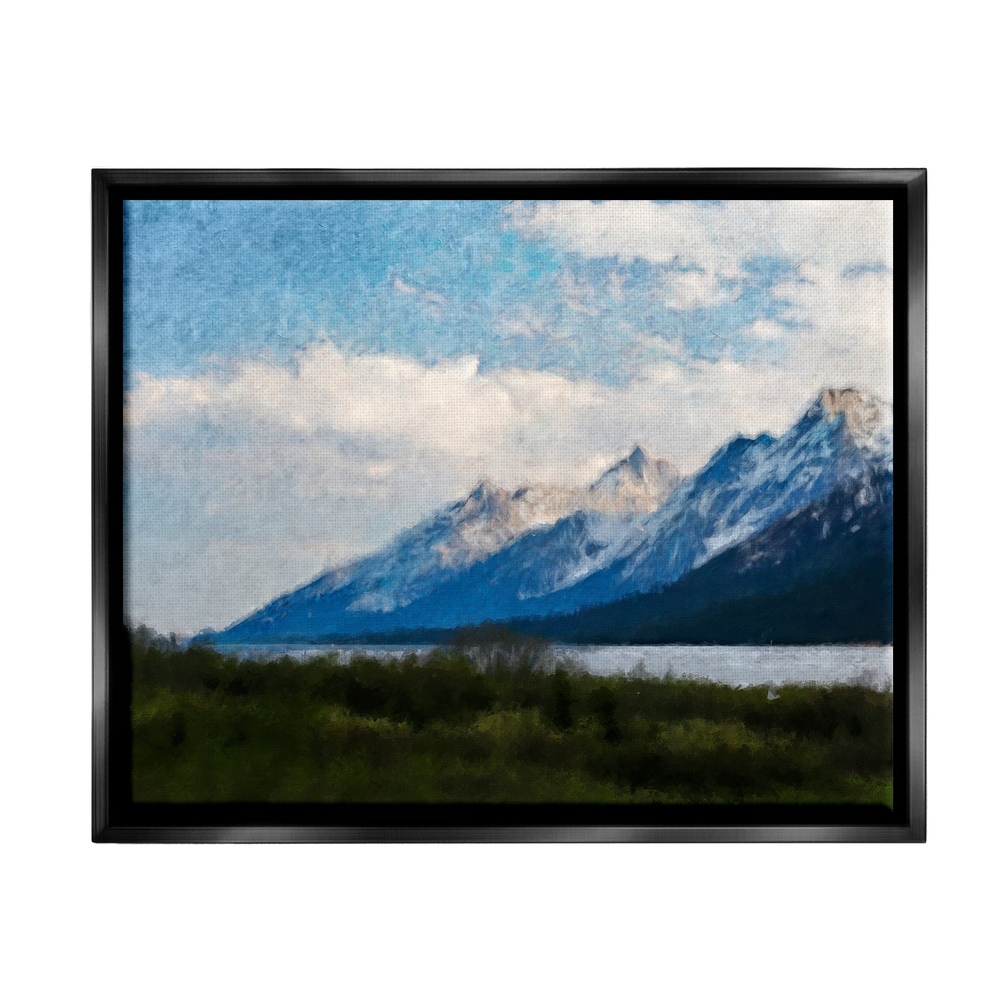 Stupell Industries Mountain & River Landscape Landscape Painting Black Floater Framed Canvas Art Print Wall Art, 31 x 25