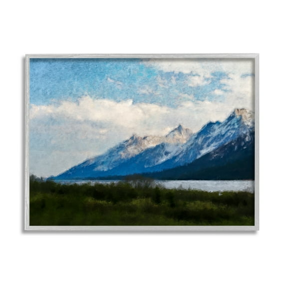 Stupell Industries Mountain & River Landscape Landscape Painting Gray Framed Art Print Wall Art, 20 x 16
