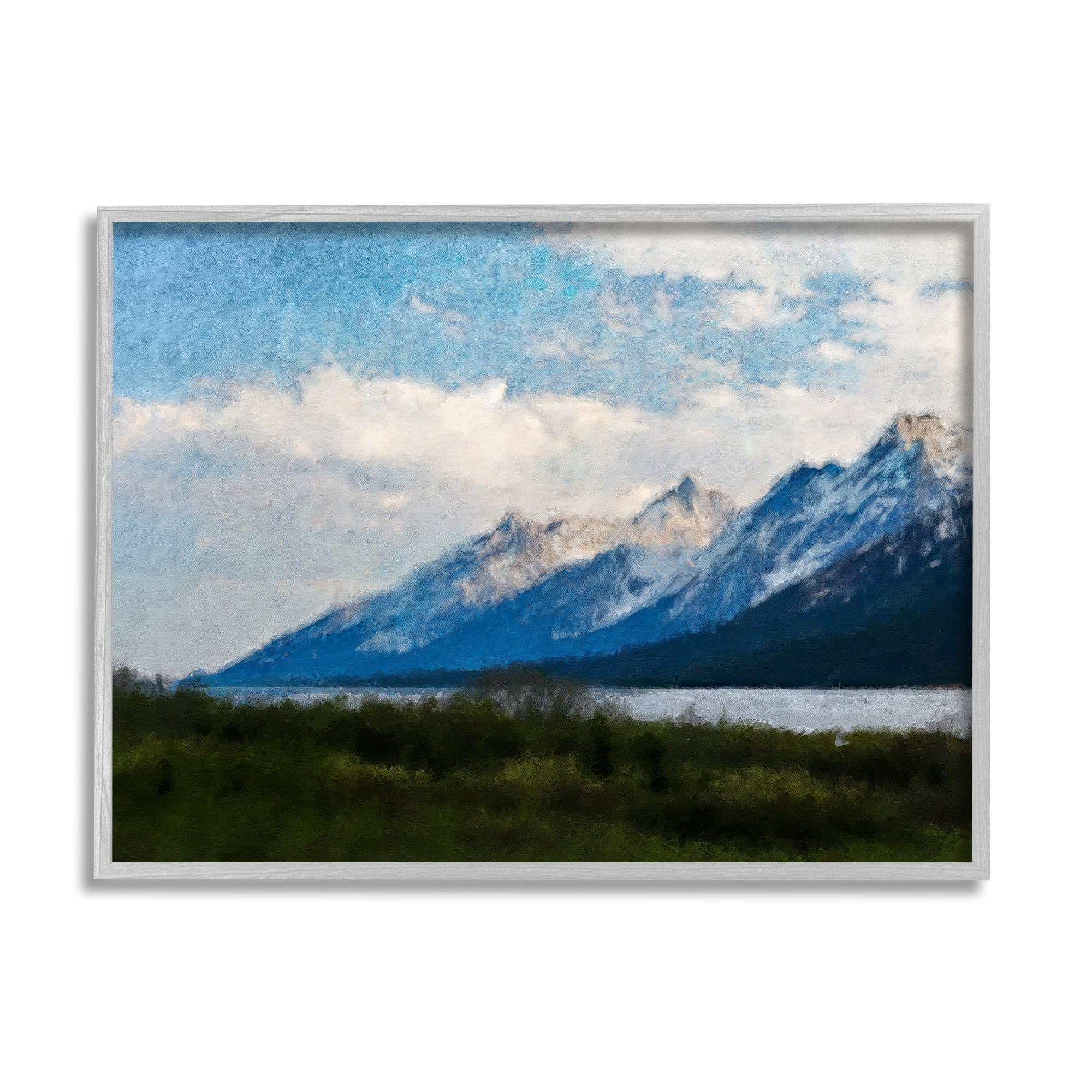 Stupell Industries Mountain & River Landscape Landscape Painting Gray Framed Art Print Wall Art, 30 x 24