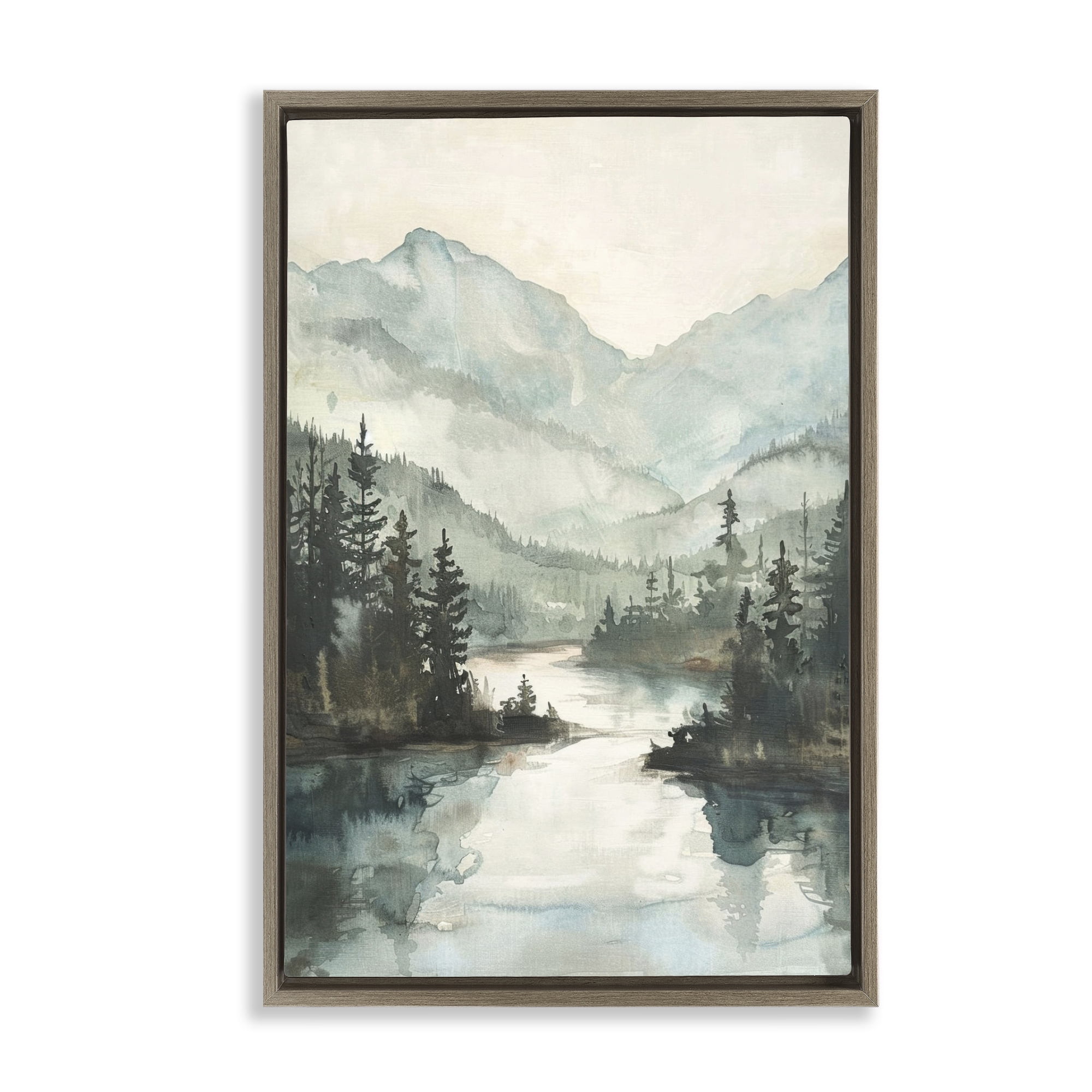 Stupell Industries Mountain River View Landscape & Nature Painting Brown Floater Framed Canvas Art Print Wall Art, 17 x 25