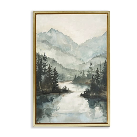 Stupell Industries Mountain River View Landscape & Nature Painting Gold Floater Framed Canvas Art Print Wall Art, 17 x 25