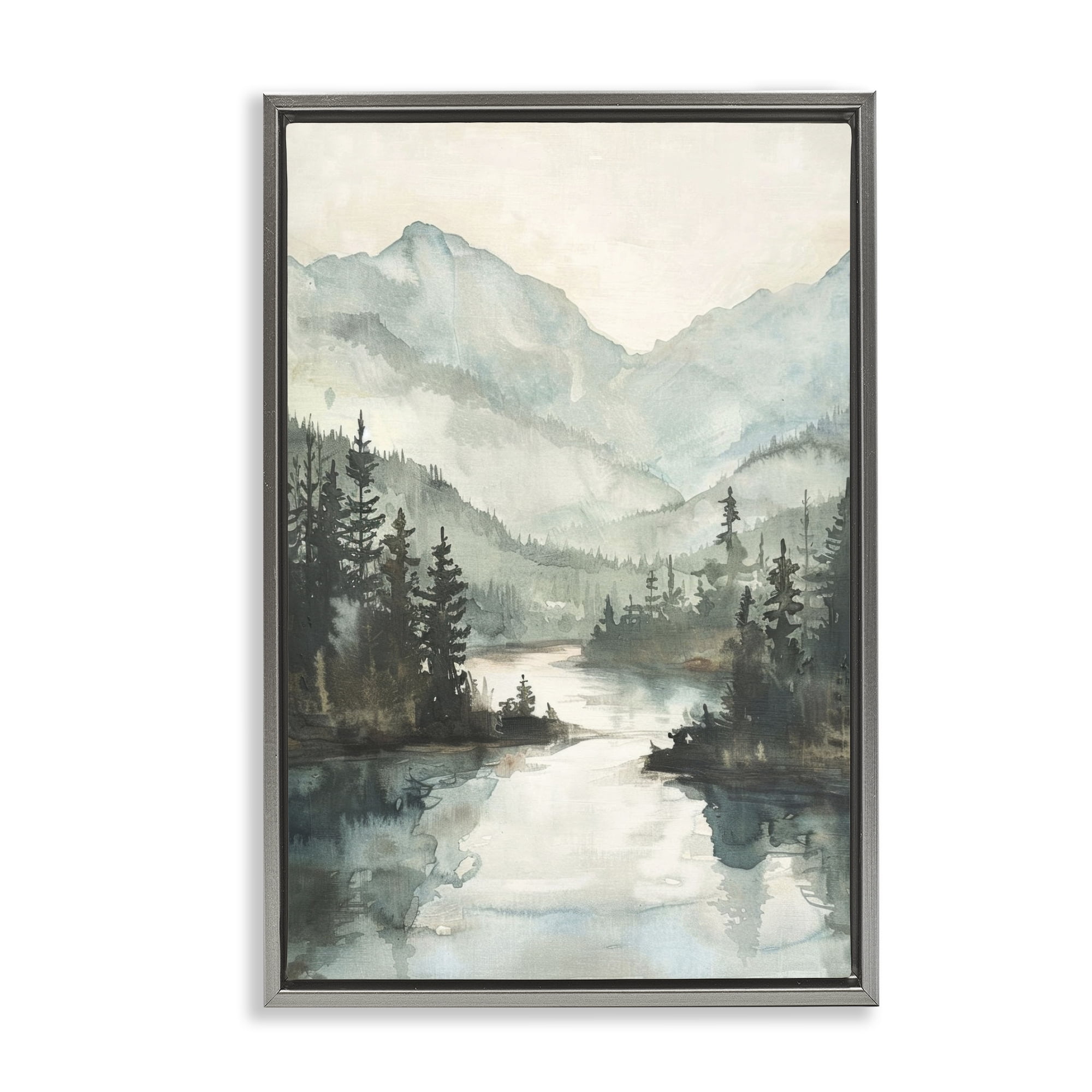 Stupell Industries Mountain River View Landscape & Nature Painting Gray Floater Framed Canvas Art Print Wall Art, 17 x 25