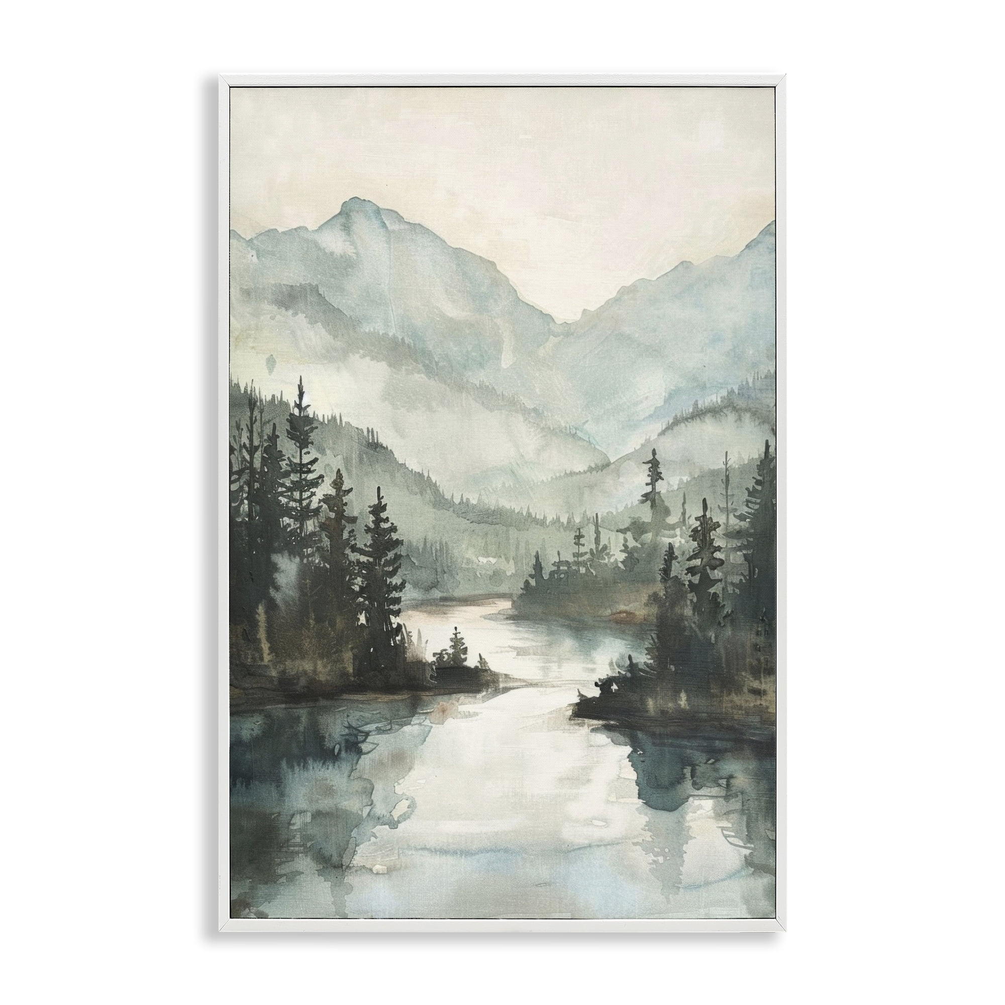 Stupell Industries Mountain River View Landscape & Nature Painting White Framed Art Print Wall Art, 12 x 18