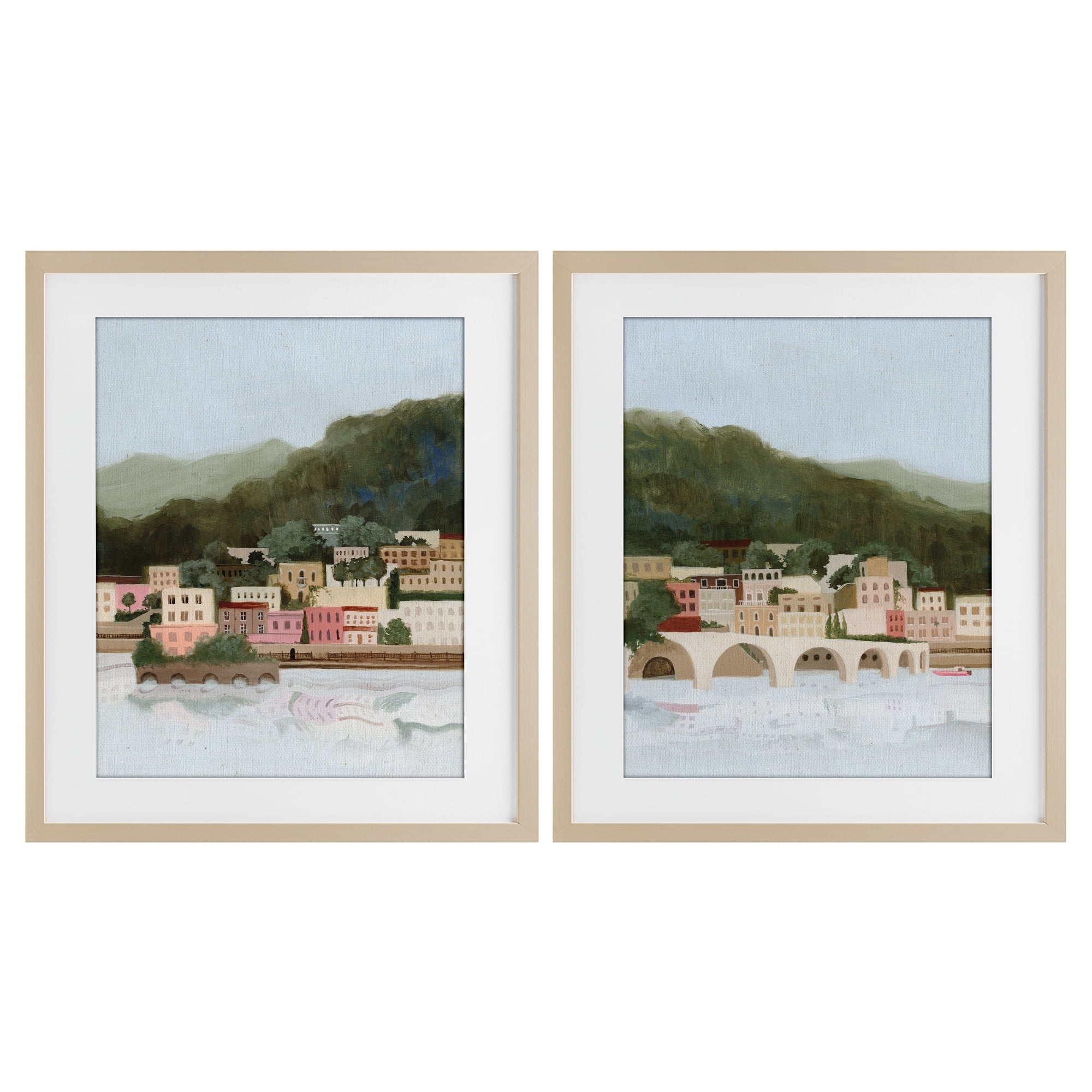 Stupell Industries Mountain Town by Sea 2 Piece Birch Framed Print Under Glass Set, design by Grace Popp