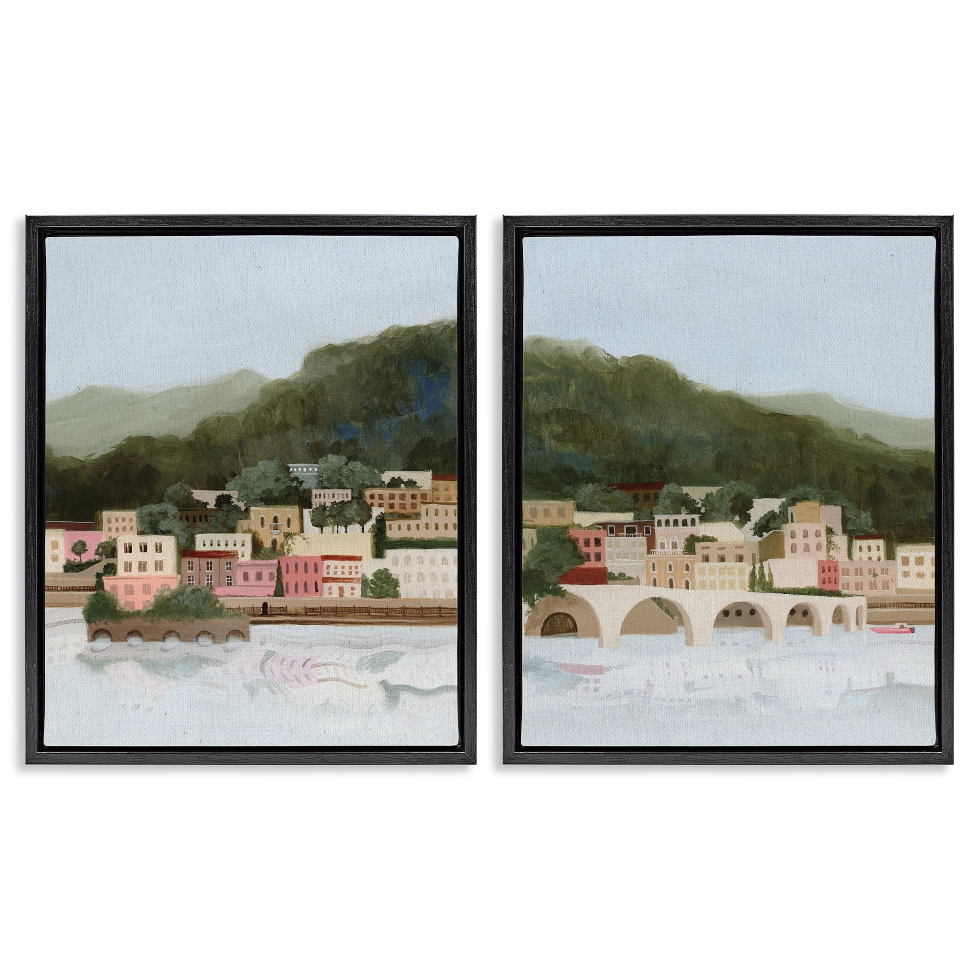 Stupell Industries Mountain Town by Sea 2 Piece Black Framed Floater Canvas Set, design by Grace Popp