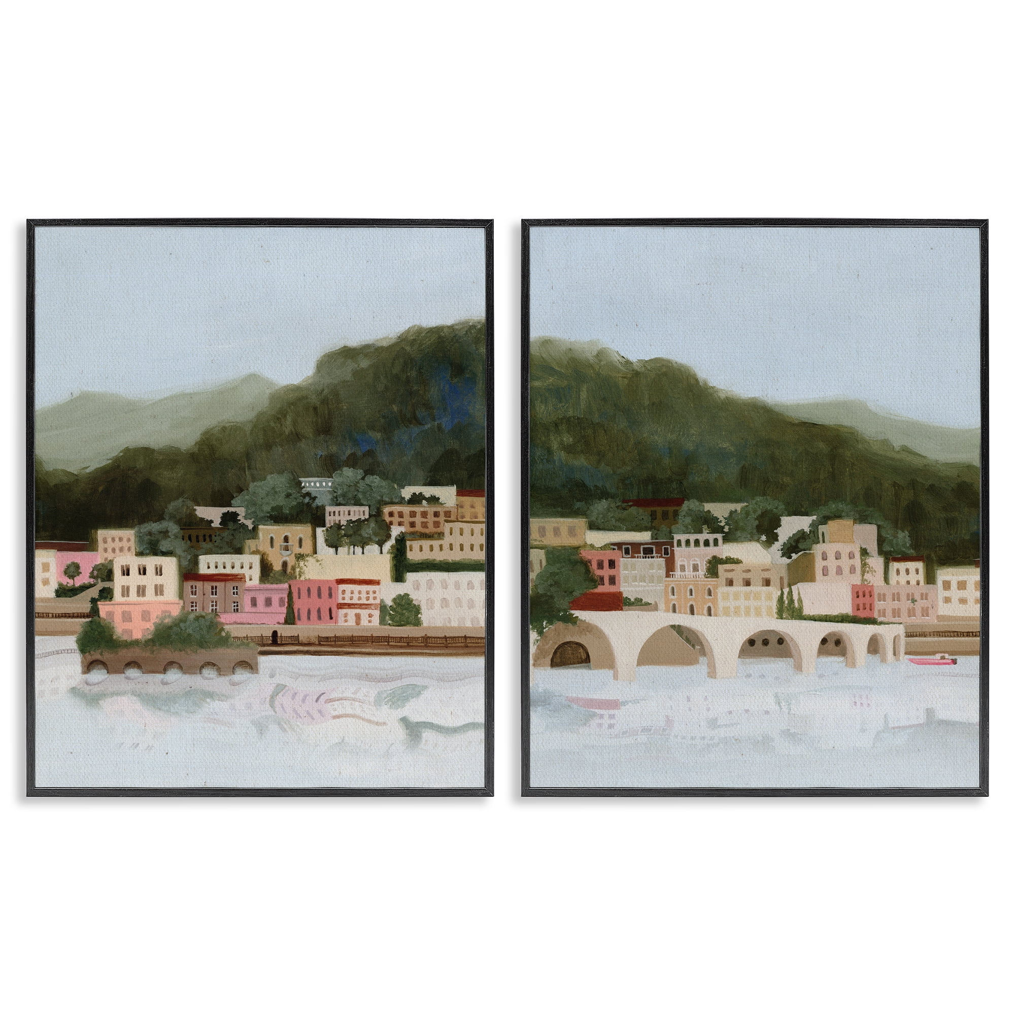 Stupell Industries Mountain Town by Sea 2 Piece Black Framed Giclee Art Set, design by Grace Popp