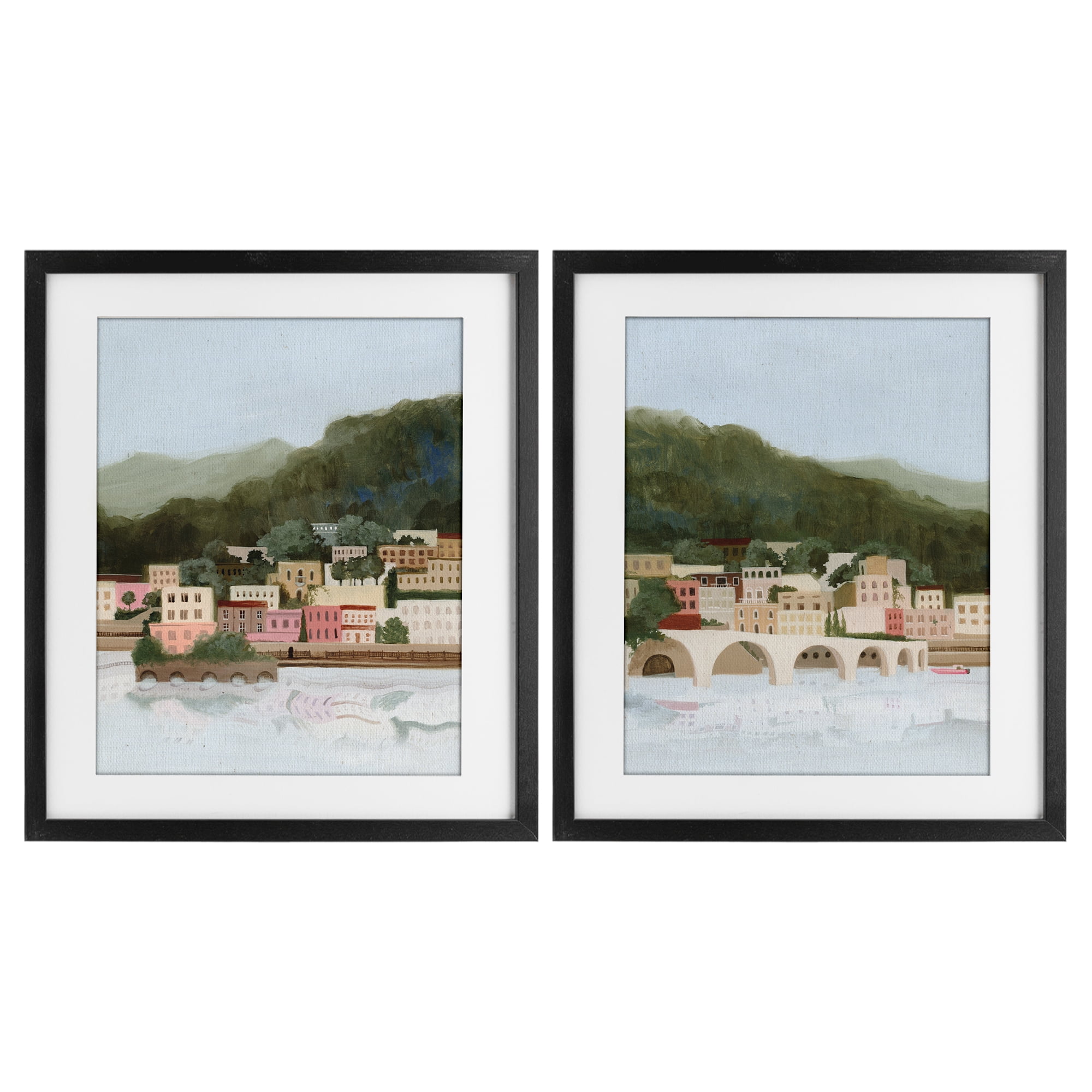 Stupell Industries Mountain Town by Sea 2 Piece Black Framed Print Under Glass Set, design by Grace Popp