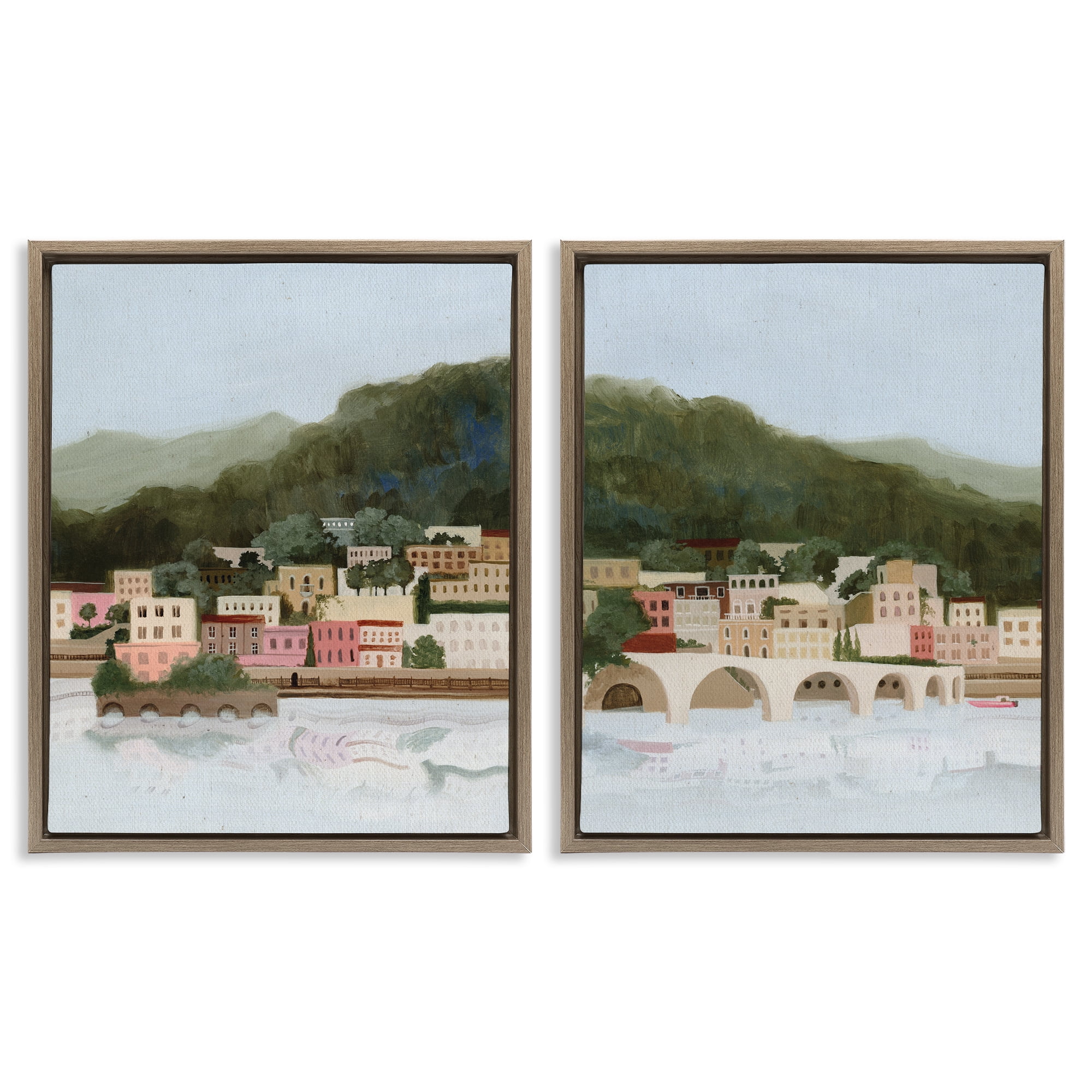 Stupell Industries Mountain Town by Sea 2 Piece Brown Framed Floater Canvas Set, design by Grace Popp