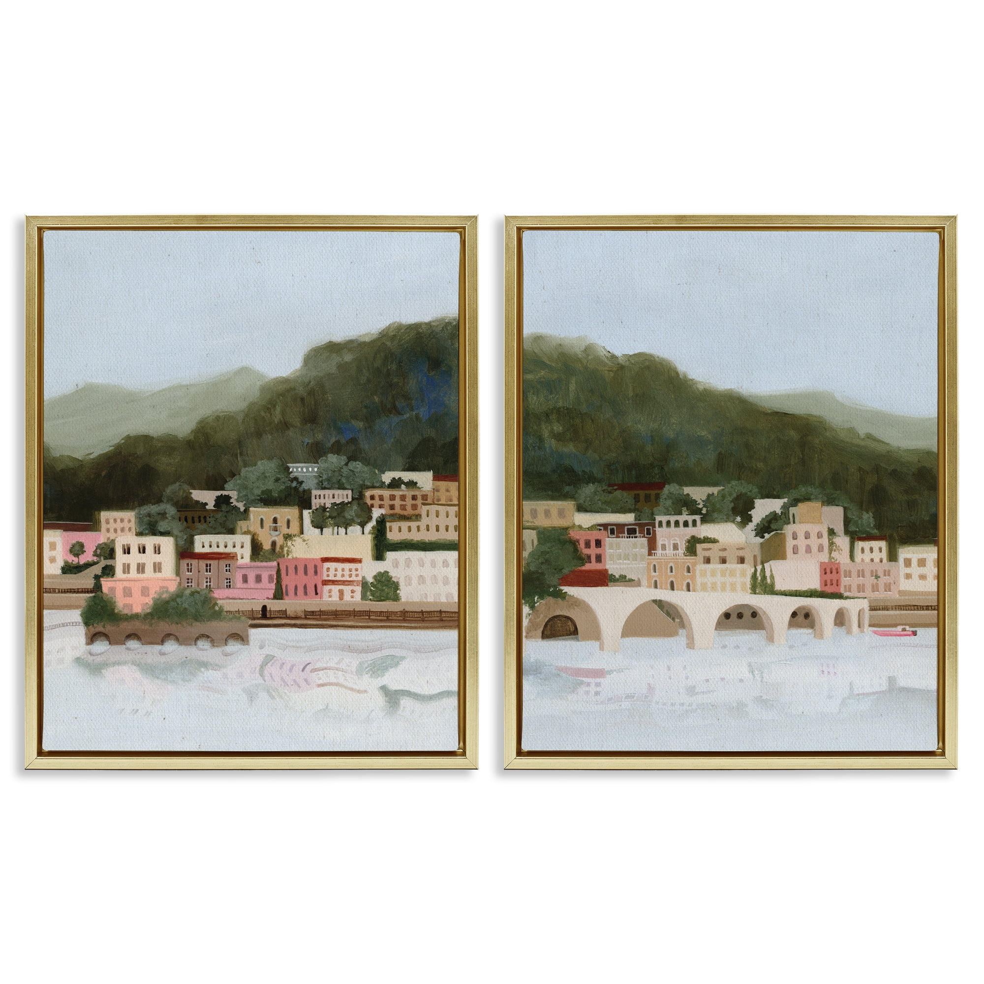 Stupell Industries Mountain Town by Sea 2 Piece Gold Framed Floater Canvas Set, design by Grace Popp