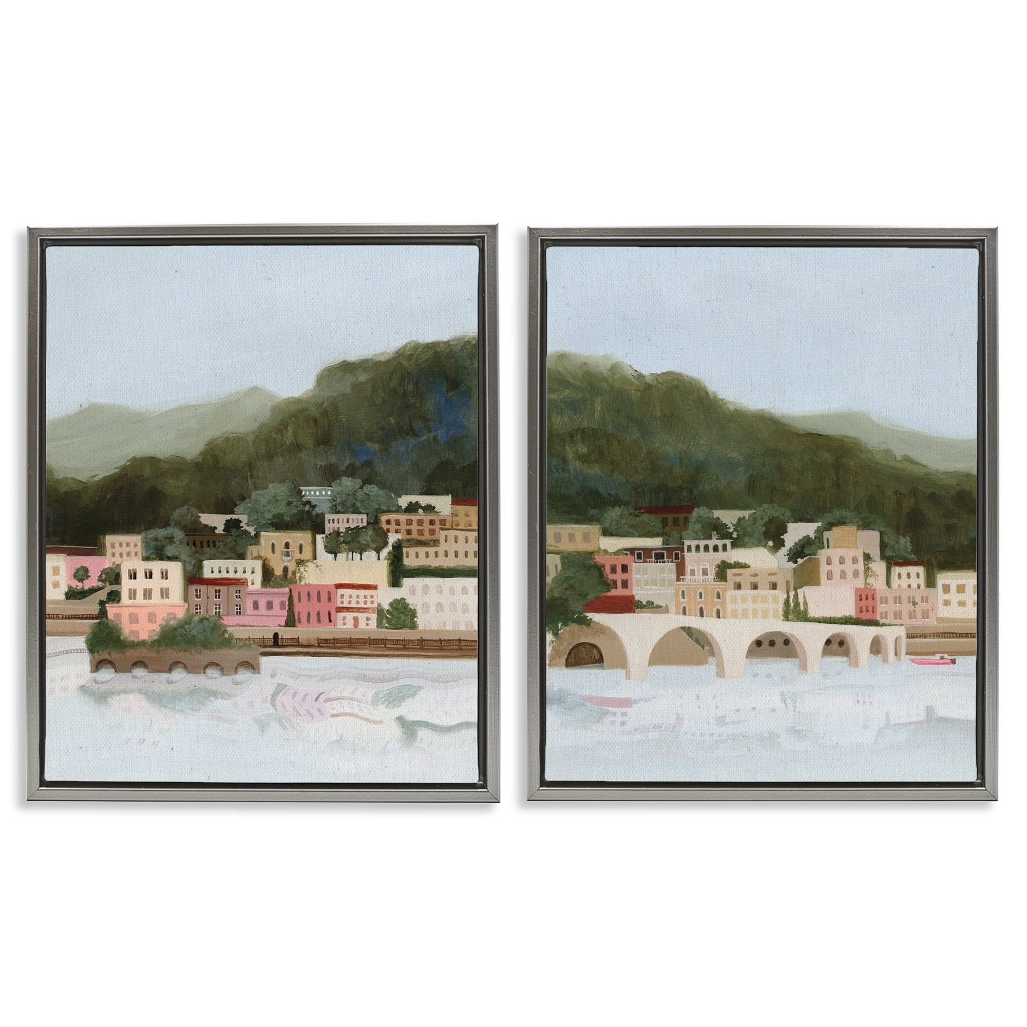 Stupell Industries Mountain Town by Sea 2 Piece Gray Framed Floater Canvas Set, design by Grace Popp
