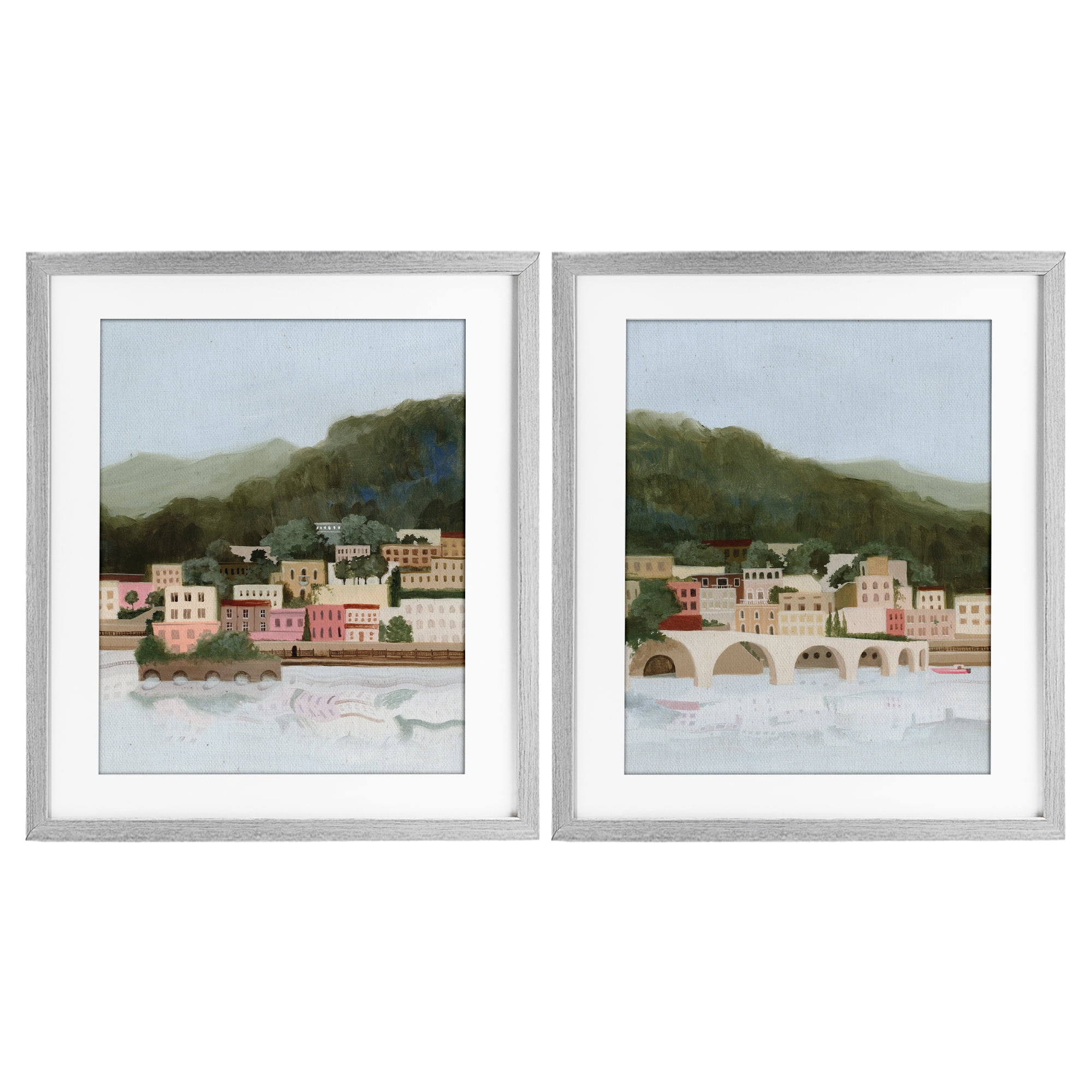 Stupell Industries Mountain Town by Sea 2 Piece Gray Framed Print Under Glass Set, design by Grace Popp