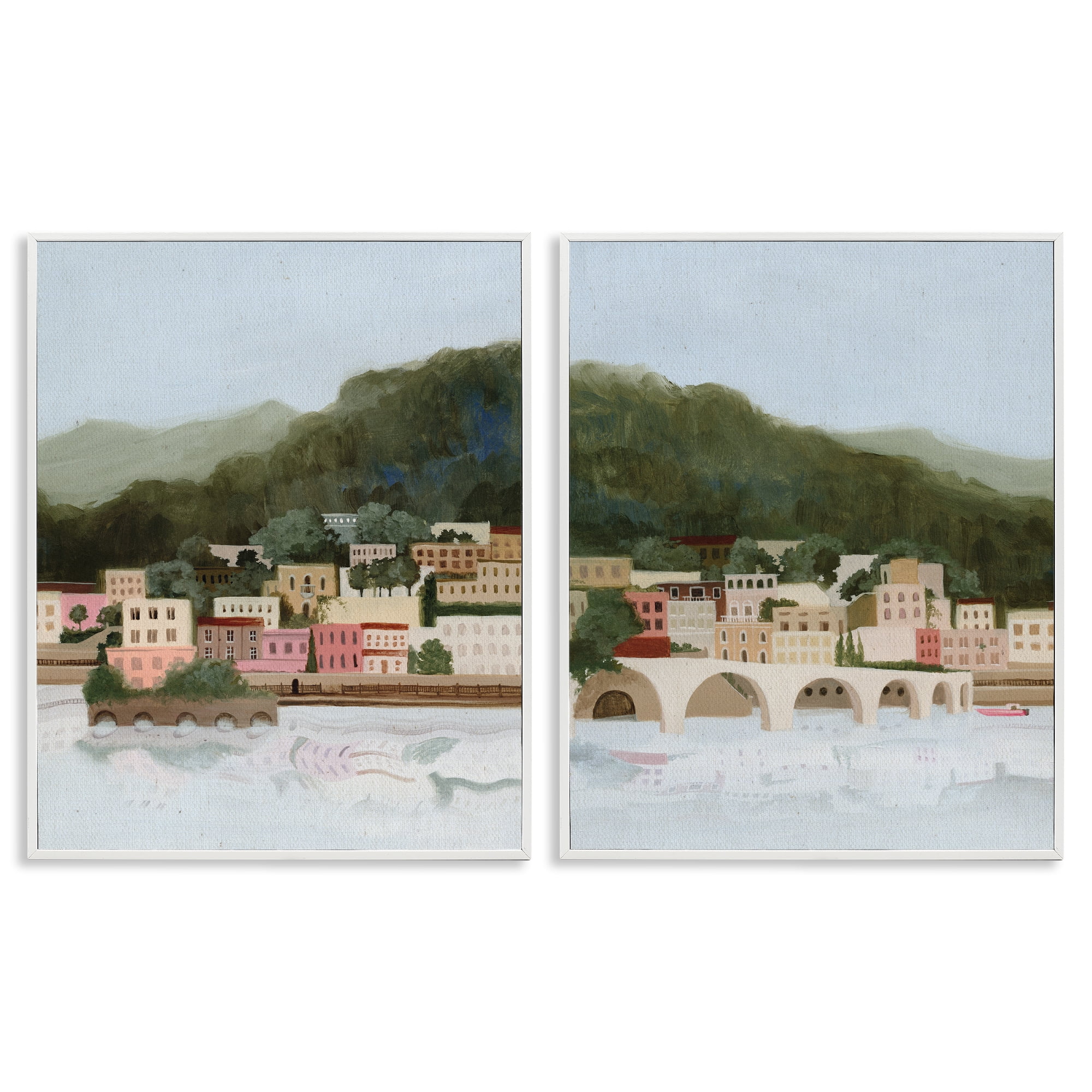 Stupell Industries Mountain Town by Sea 2 Piece White Framed Giclee Art Set, design by Grace Popp