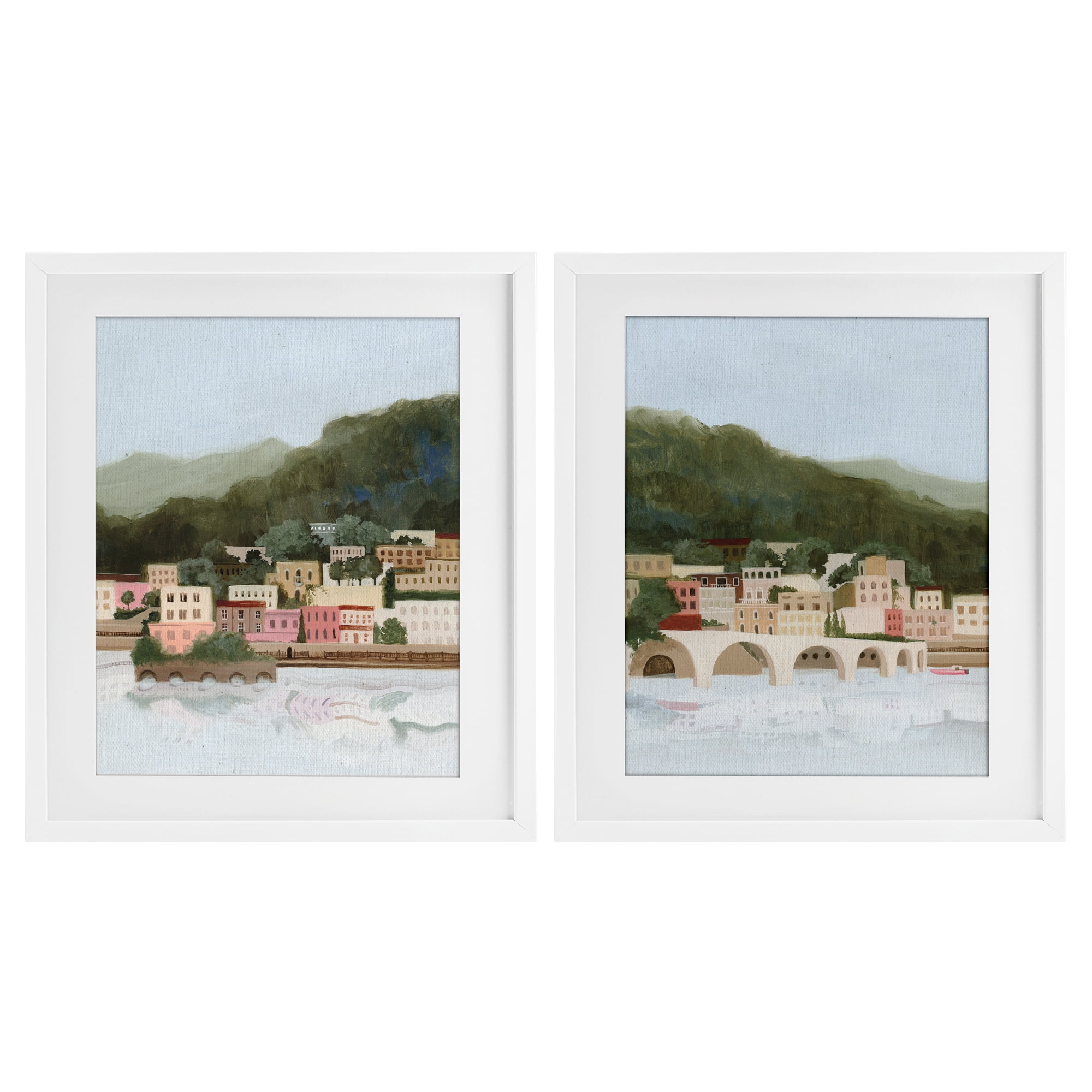Stupell Industries Mountain Town by Sea 2 Piece White Framed Print Under Glass Set, design by Grace Popp