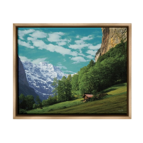 Stupell Industries Mountain Valley Cottage Landscape Photography Brown Floater Framed Canvas Art Print Wall Art, 21 x 17