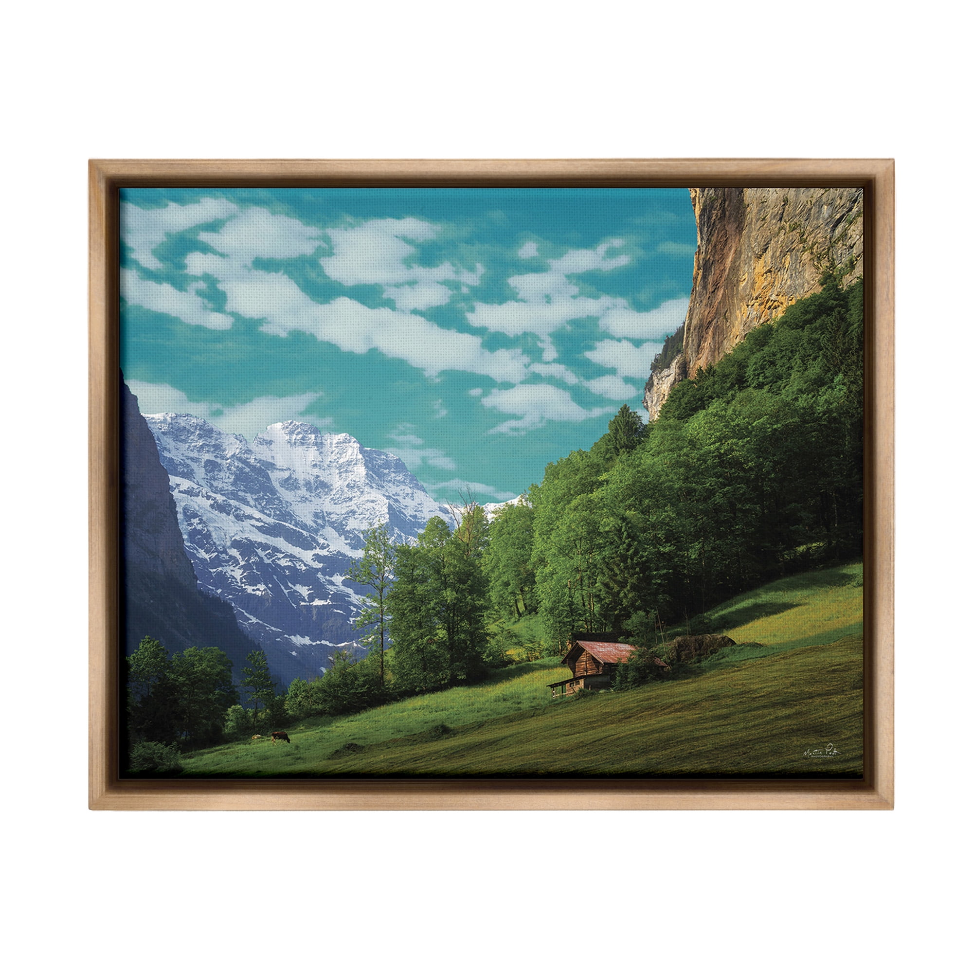 Stupell Industries Mountain Valley Cottage Landscape Photography Brown Floater Framed Canvas Art Print Wall Art, 31 x 25