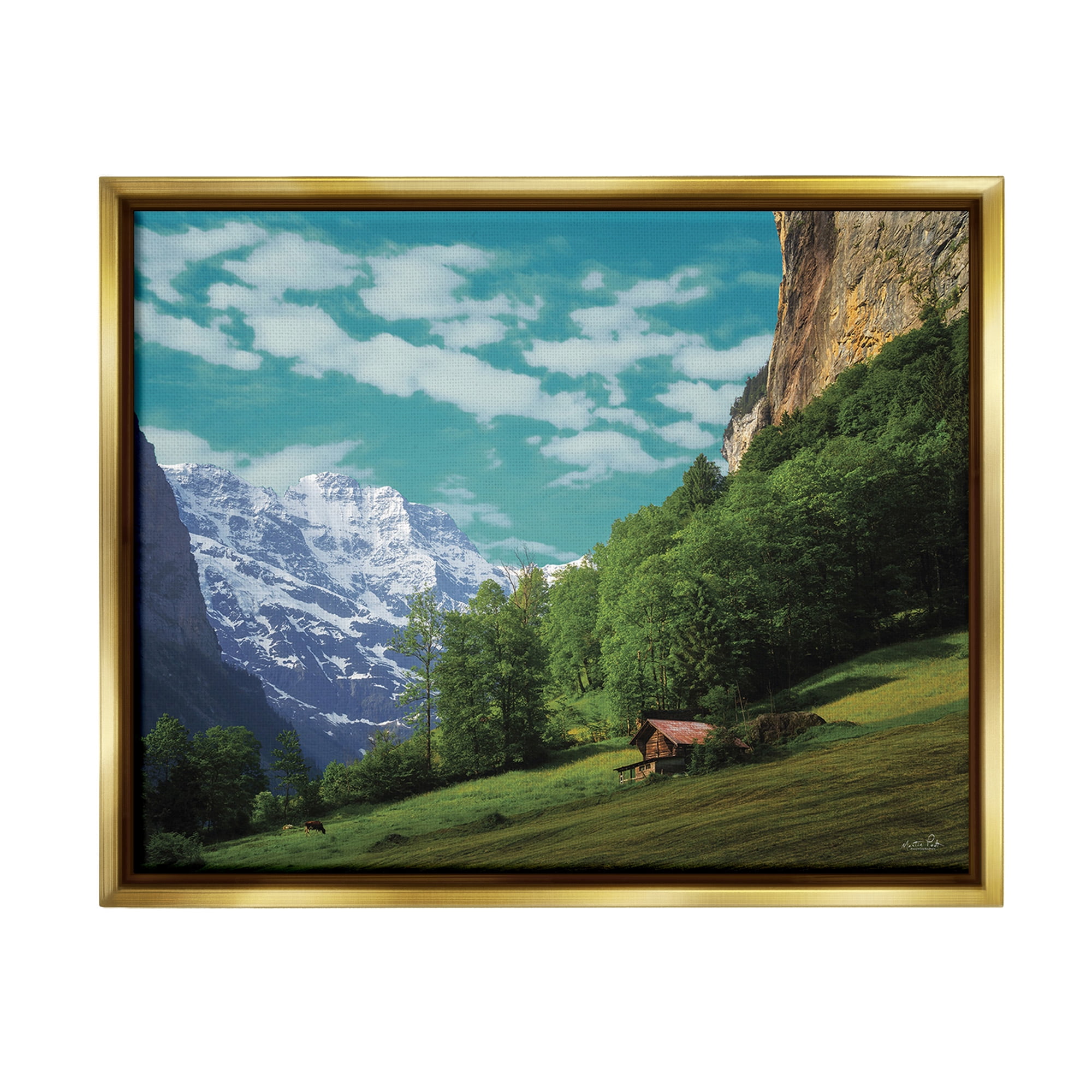 Stupell Industries Mountain Valley Cottage Landscape Photography Gold Floater Framed Canvas Art Print Wall Art, 31 x 25