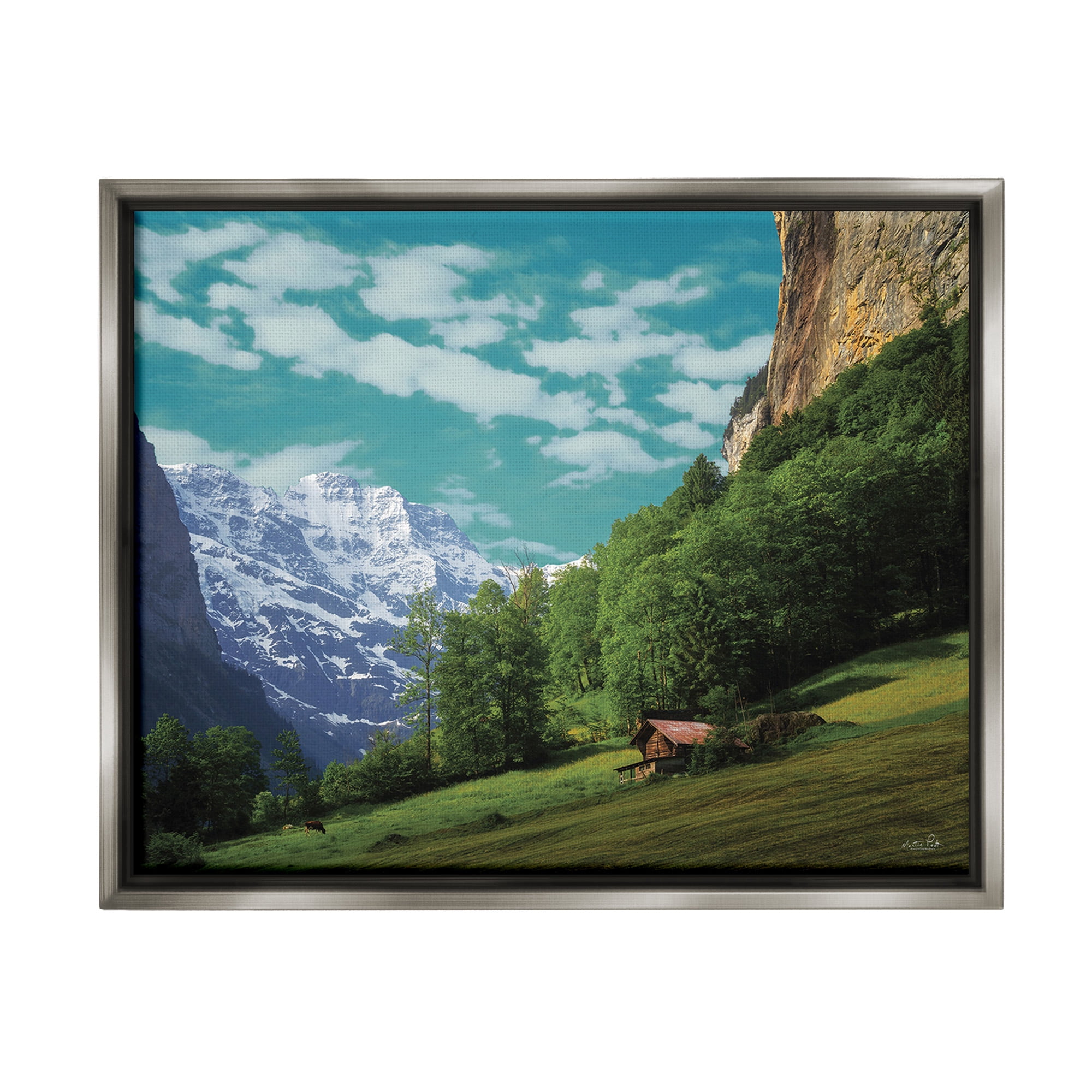 Stupell Industries Mountain Valley Cottage Landscape Photography Gray Floater Framed Canvas Art Print Wall Art, 21 x 17