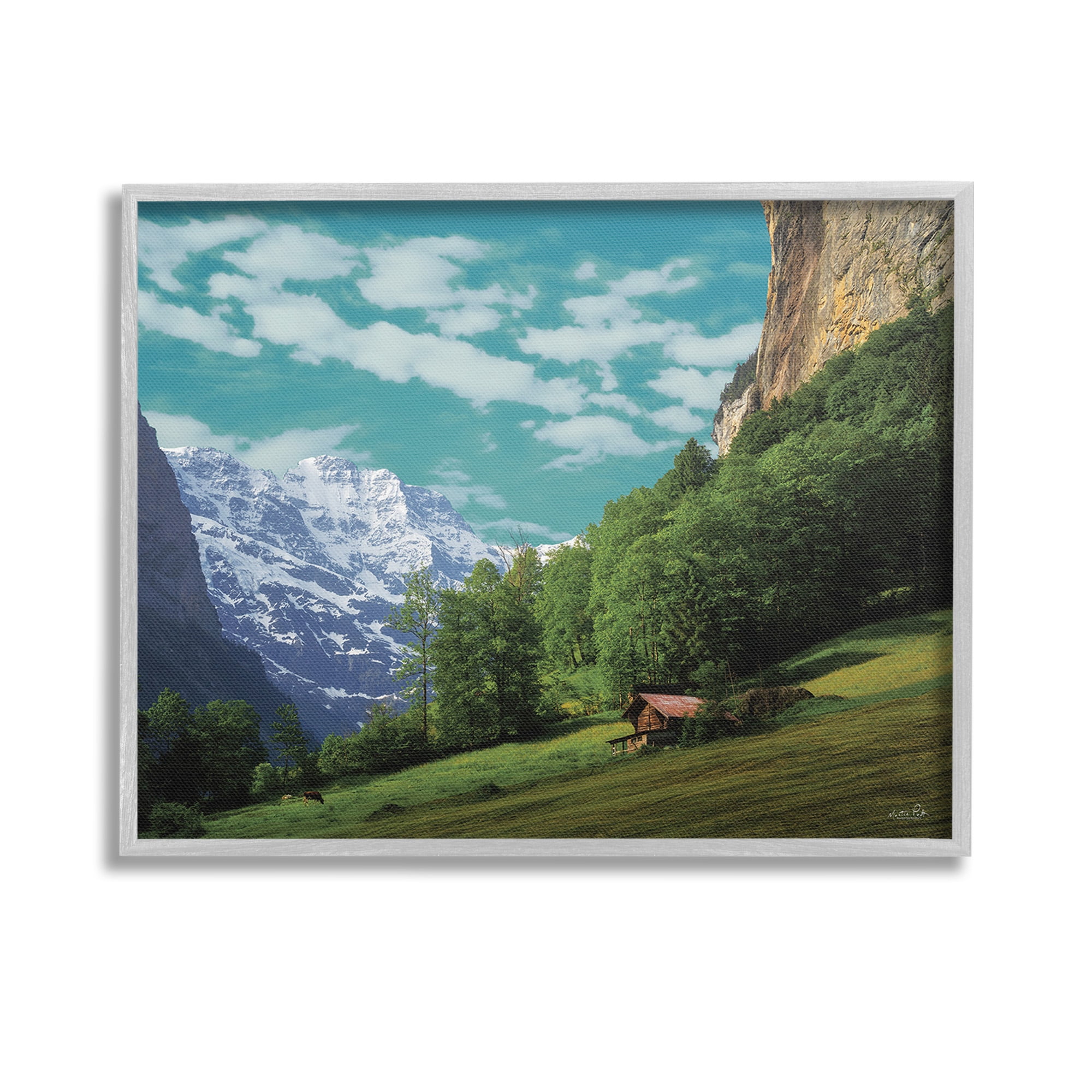 Stupell Industries Mountain Valley Cottage Landscape Photography Gray Framed Art Print Wall Art, 14 x 11