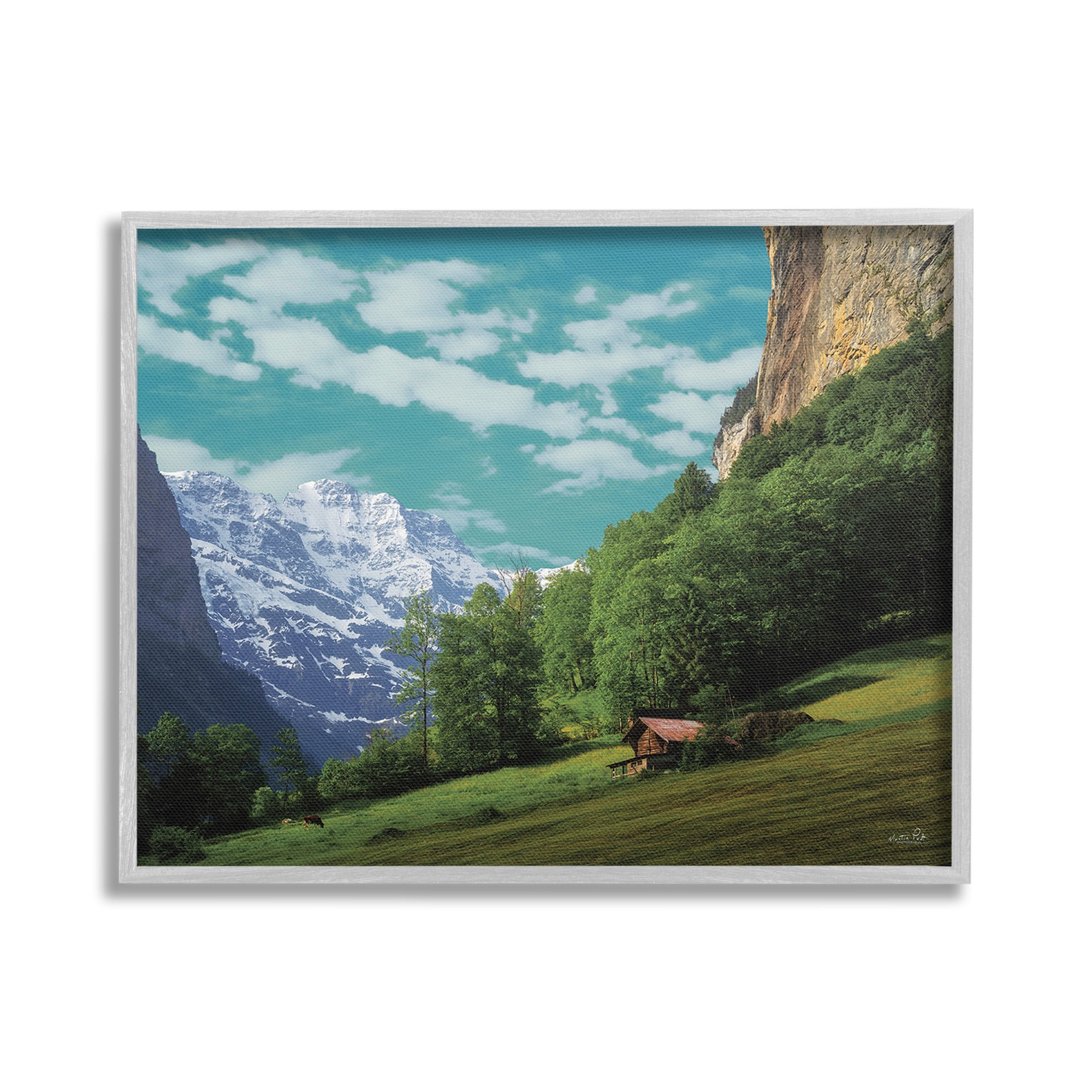 Stupell Industries Mountain Valley Cottage Landscape Photography Gray Framed Art Print Wall Art, 30 x 24
