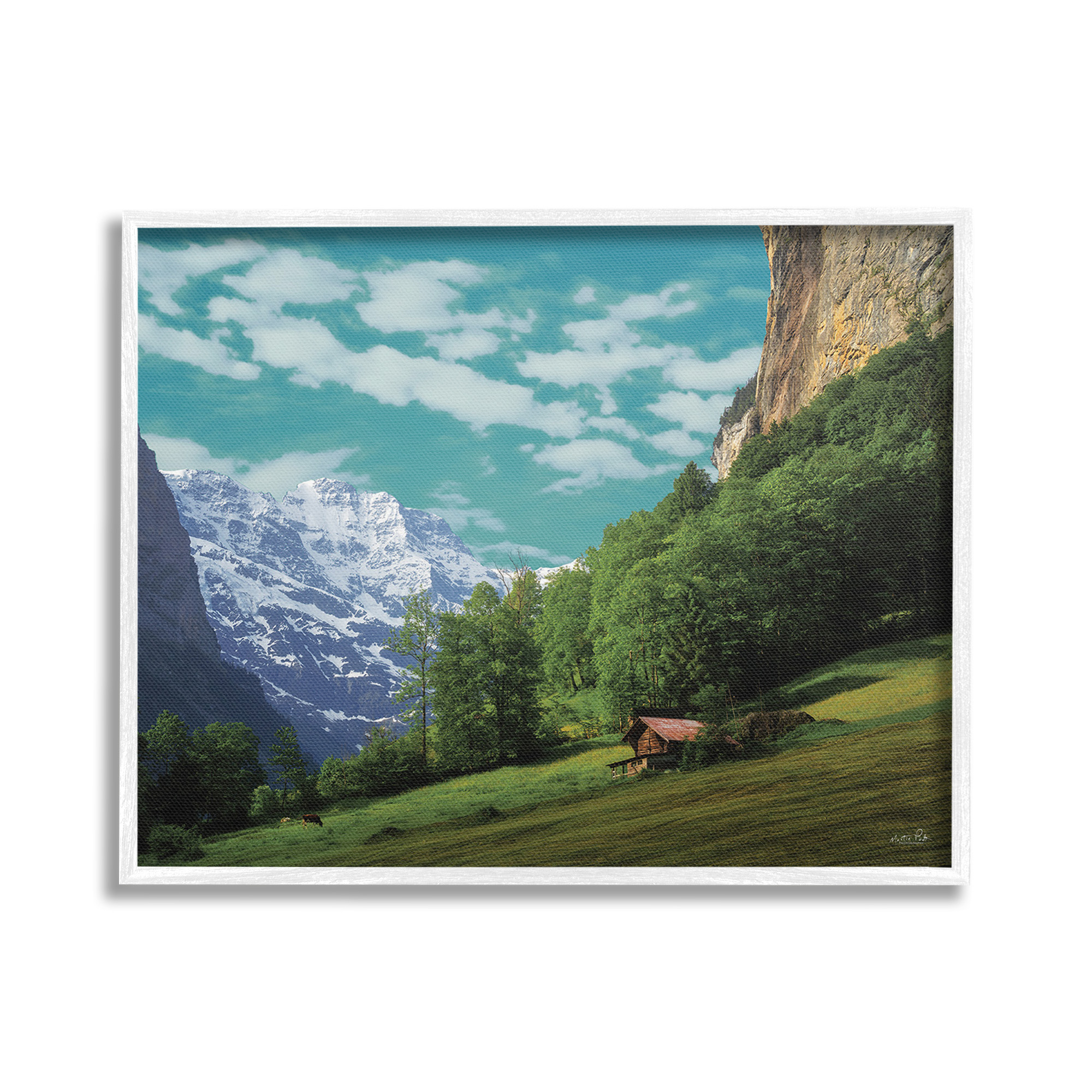 Stupell Industries Mountain Valley Cottage Landscape Photography White Framed Art Print Wall Art, 20 x 16