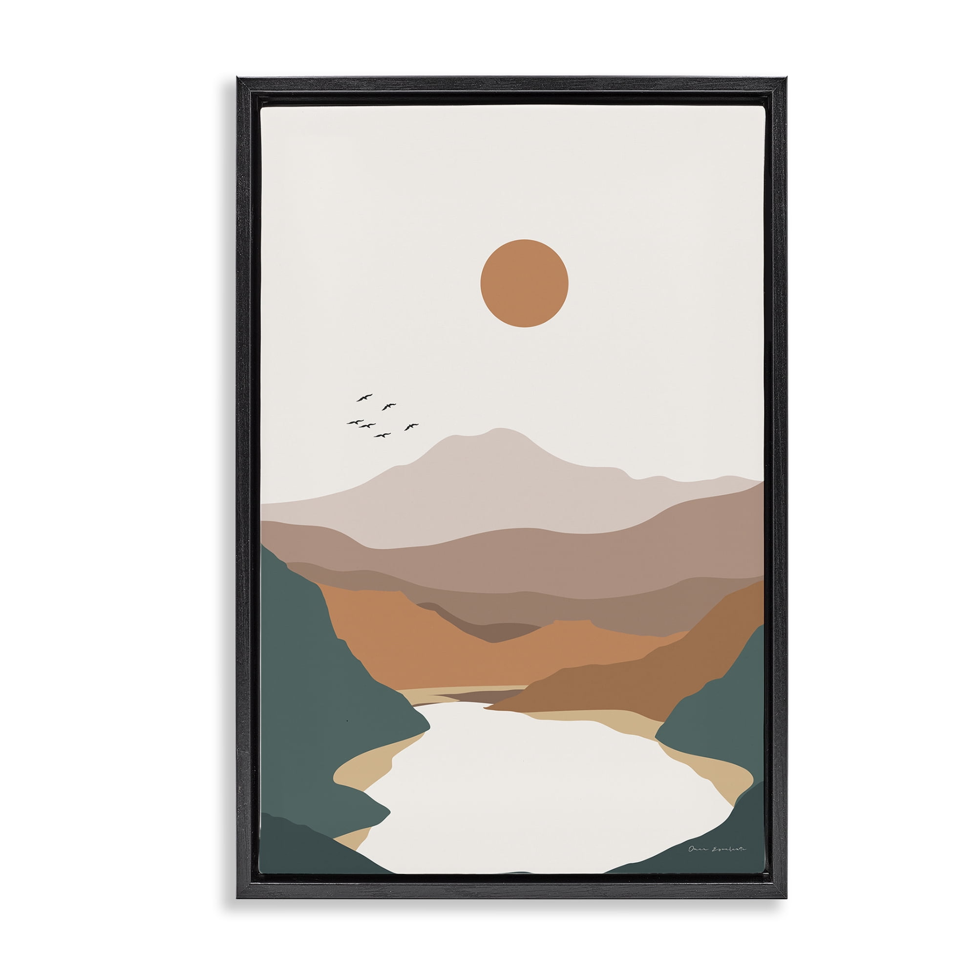 Stupell Industries Mountain Valley Lake Landscape & Nature Painting Black Floater Framed Canvas Art Print Wall Art, 17 x 25
