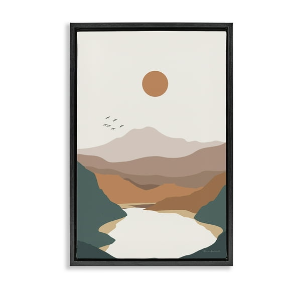 Stupell Industries Mountain Valley Lake Landscape & Nature Painting Black Floater Framed Canvas Art Print Wall Art, 17 x 25