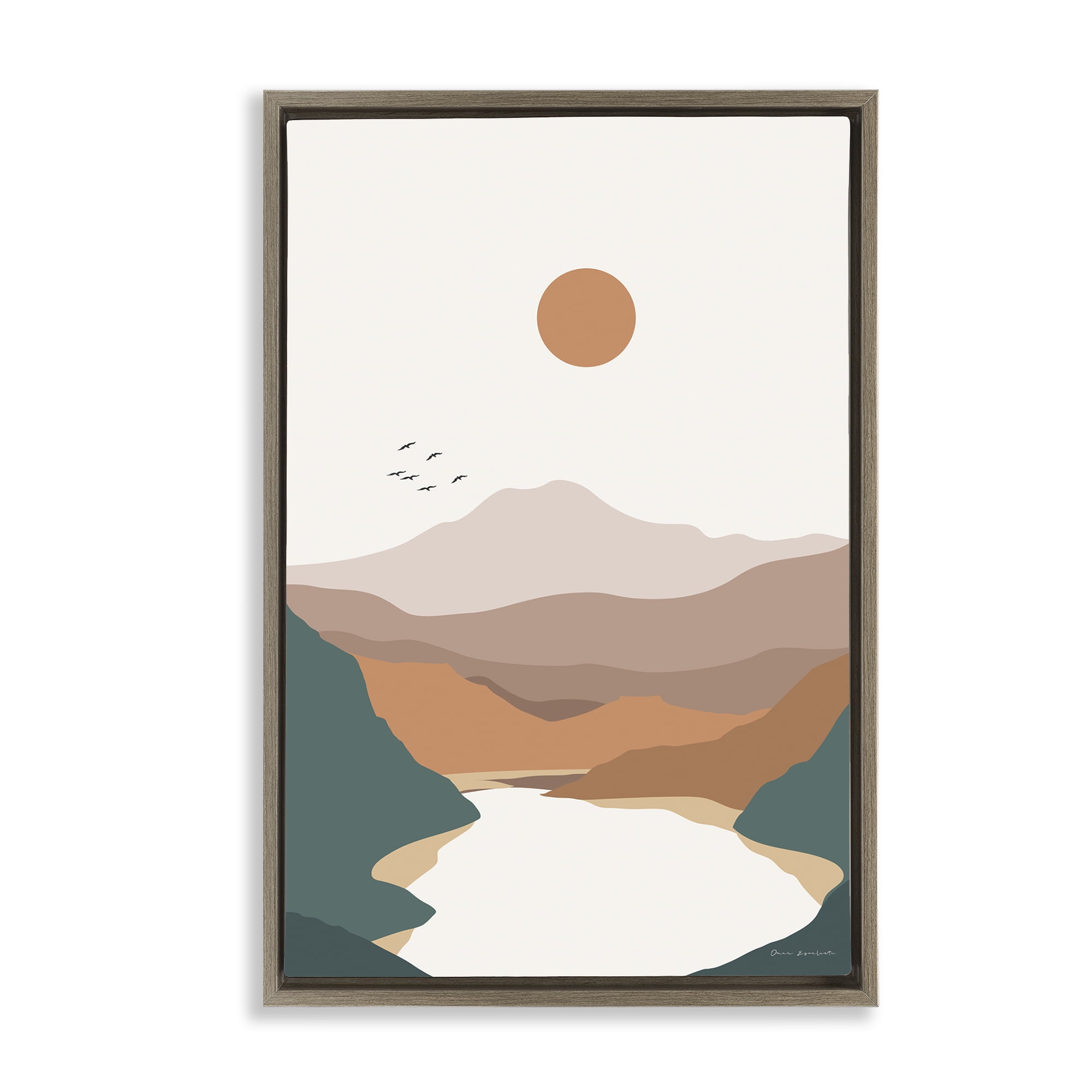 Stupell Industries Mountain Valley Lake Landscape & Nature Painting Brown Floater Framed Canvas Art Print Wall Art, 17 x 25
