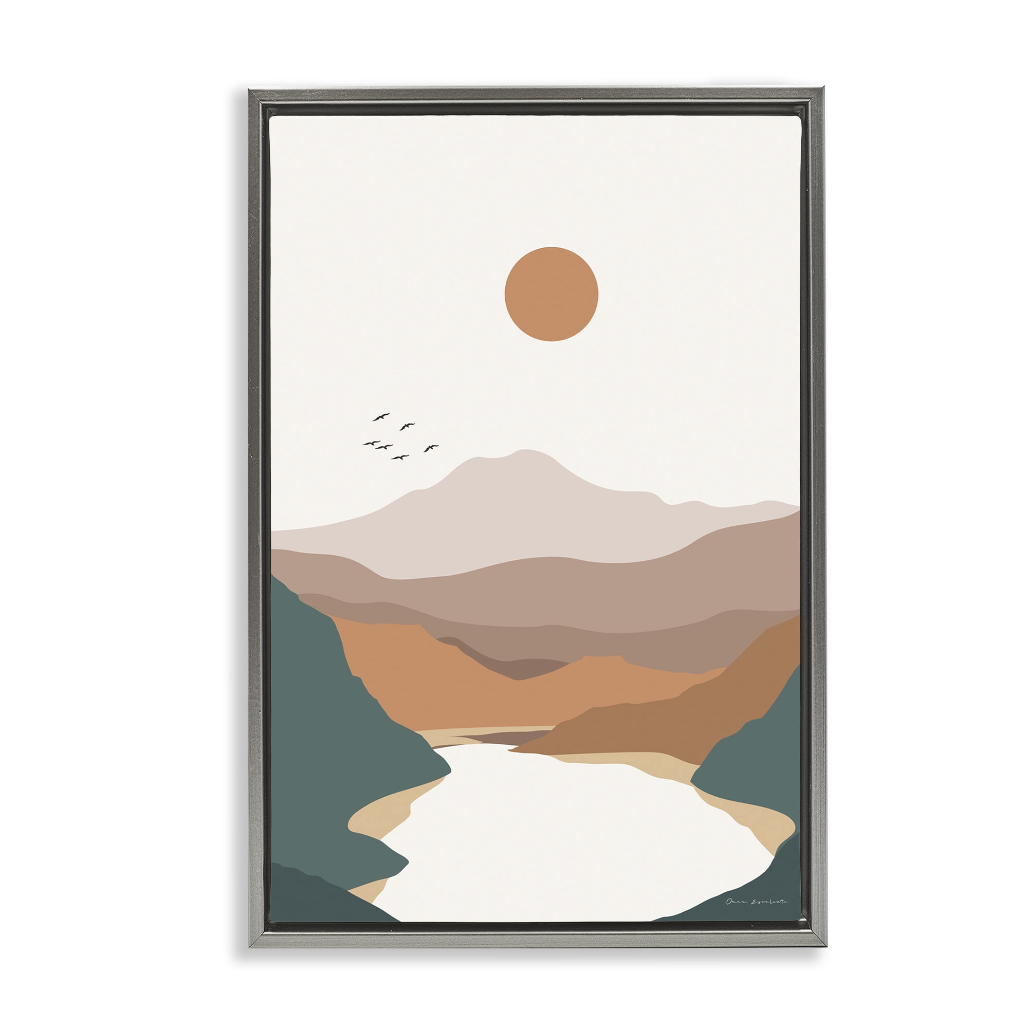Stupell Industries Mountain Valley Lake Landscape & Nature Painting Gray Floater Framed Canvas Art Print Wall Art, 21 x 31
