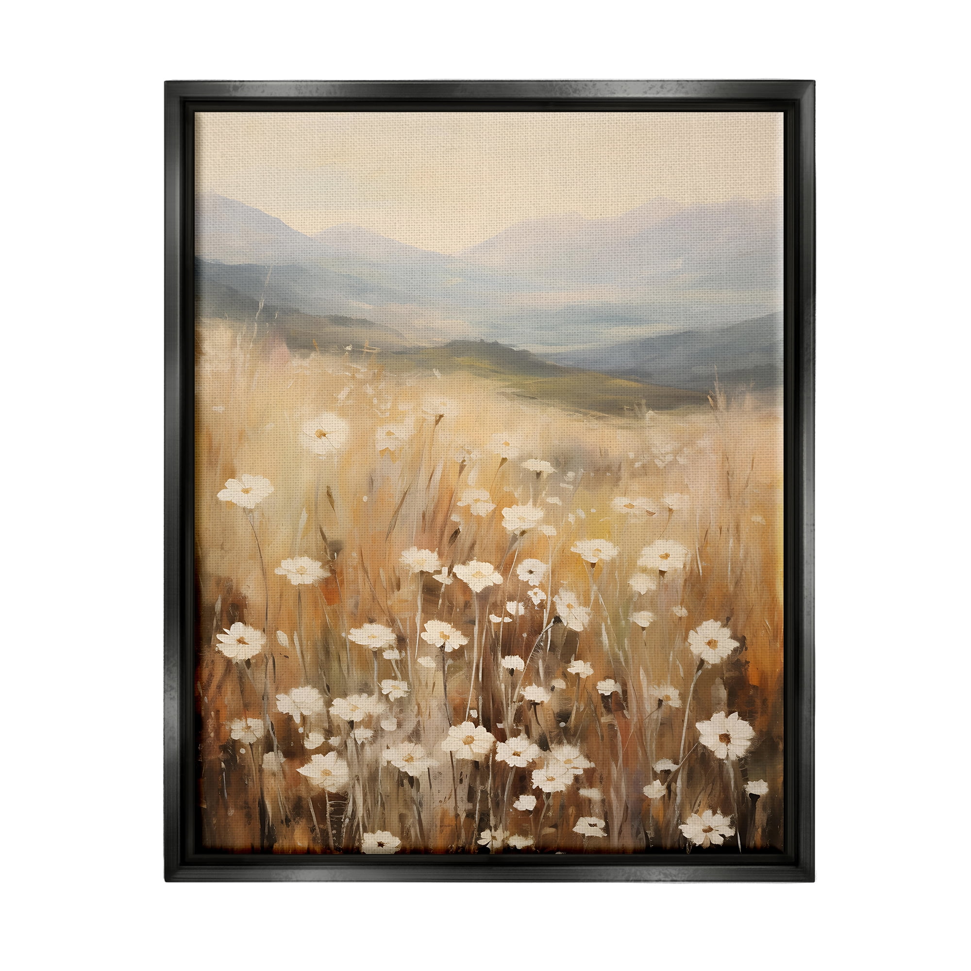 Stupell Industries Mountain Valley Meadow Botanical & Floral Painting Black Floater Framed Canvas Art Print Wall Art, 17 x 21