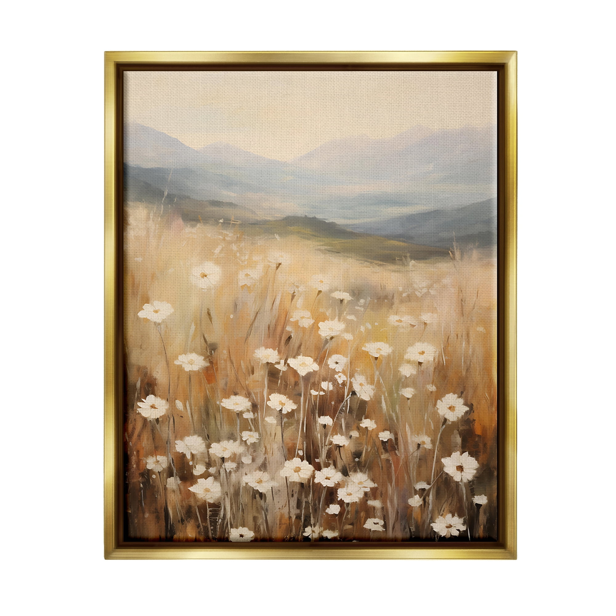 Stupell Industries Mountain Valley Meadow Botanical & Floral Painting Gold Floater Framed Canvas Art Print Wall Art, 17 x 21