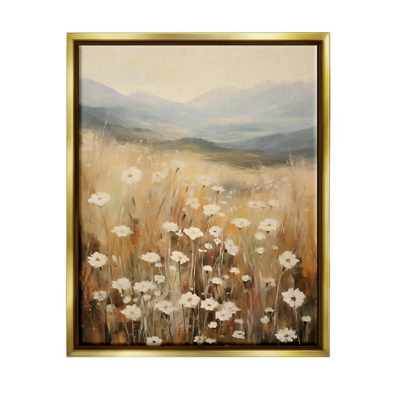 Stupell Industries Mountain Valley Meadow Botanical & Floral Painting Gold Floater Framed Canvas Art Print Wall Art, 25 x 31