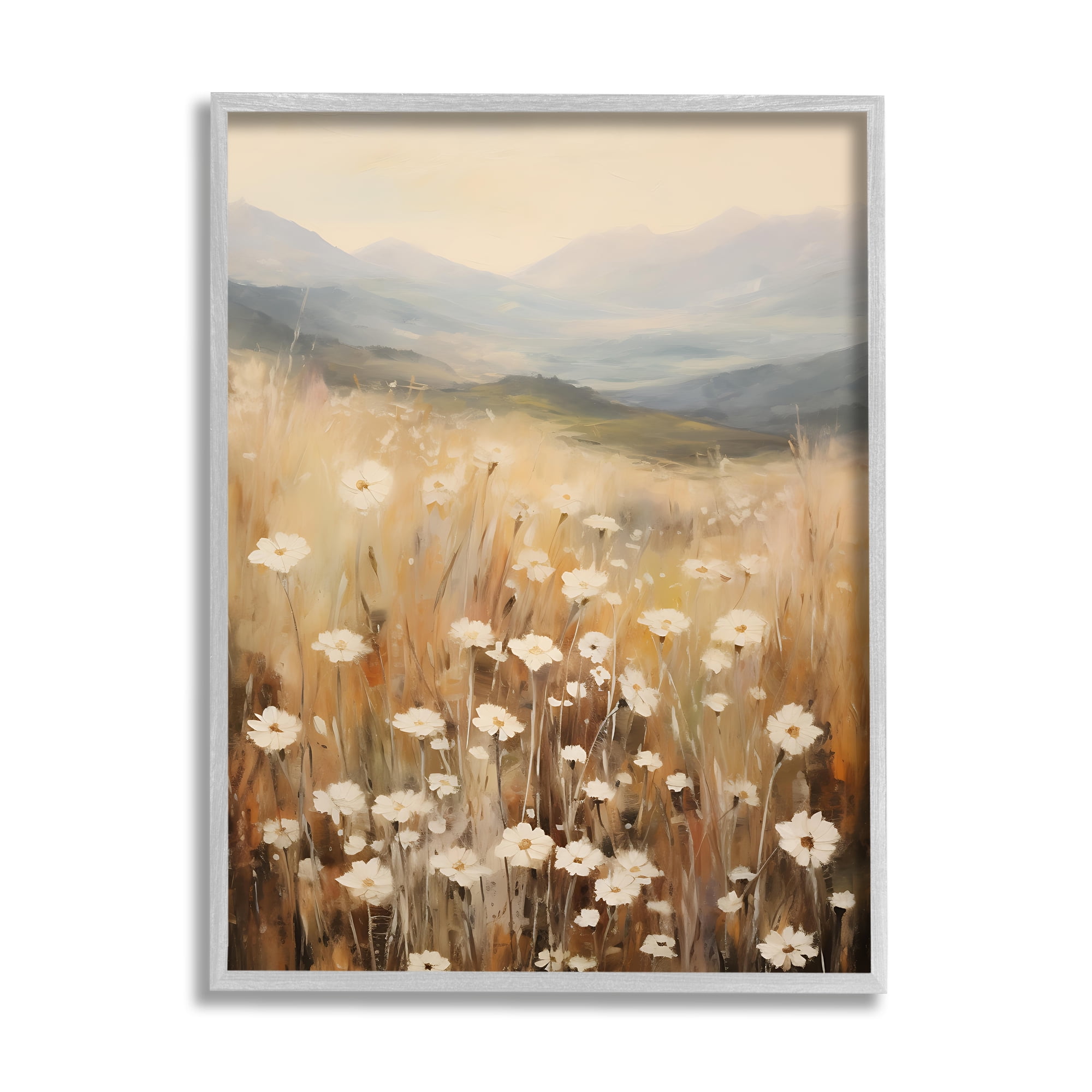 Stupell Industries Mountain Valley Meadow Botanical & Floral Painting Gray Framed Art Print Wall Art, 11 x 14