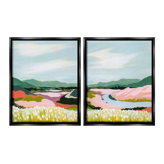 Stupell Industries Mountain Valley Meadow Landscape Painting Black Floater Framed Canvas Art Print Wall Art, 17 x 21, Set of 2
