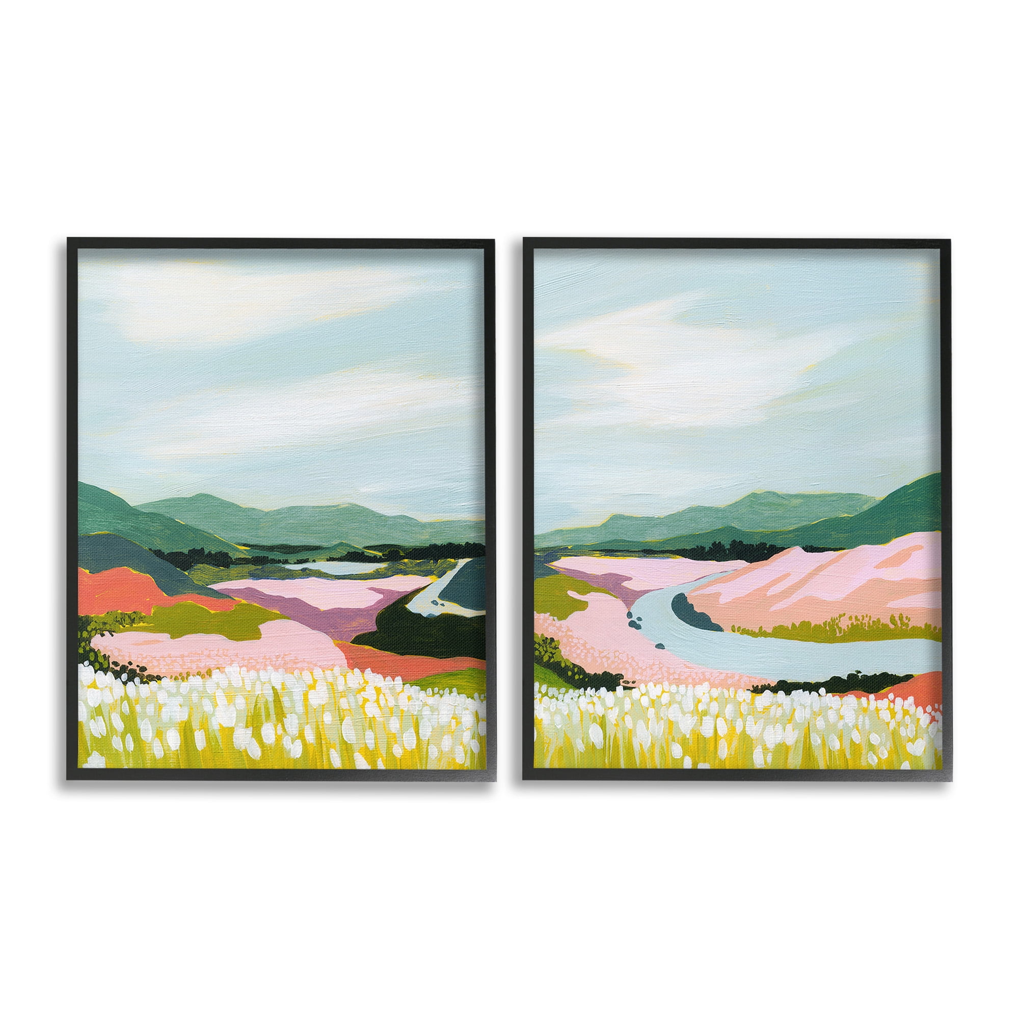 Stupell Industries Mountain Valley Meadow Landscape Painting Black Framed Art Print Wall Art, 11 x 14, Set of 2