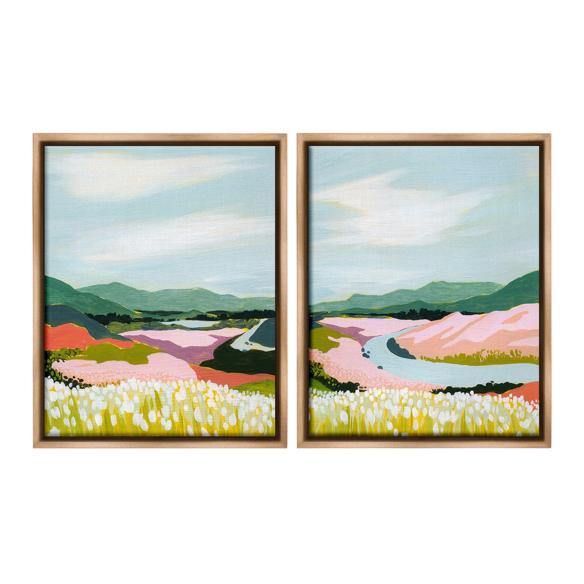 Stupell Industries Mountain Valley Meadow Landscape Painting Brown Floater Framed Canvas Art Print Wall Art, 17 x 21, Set of 2