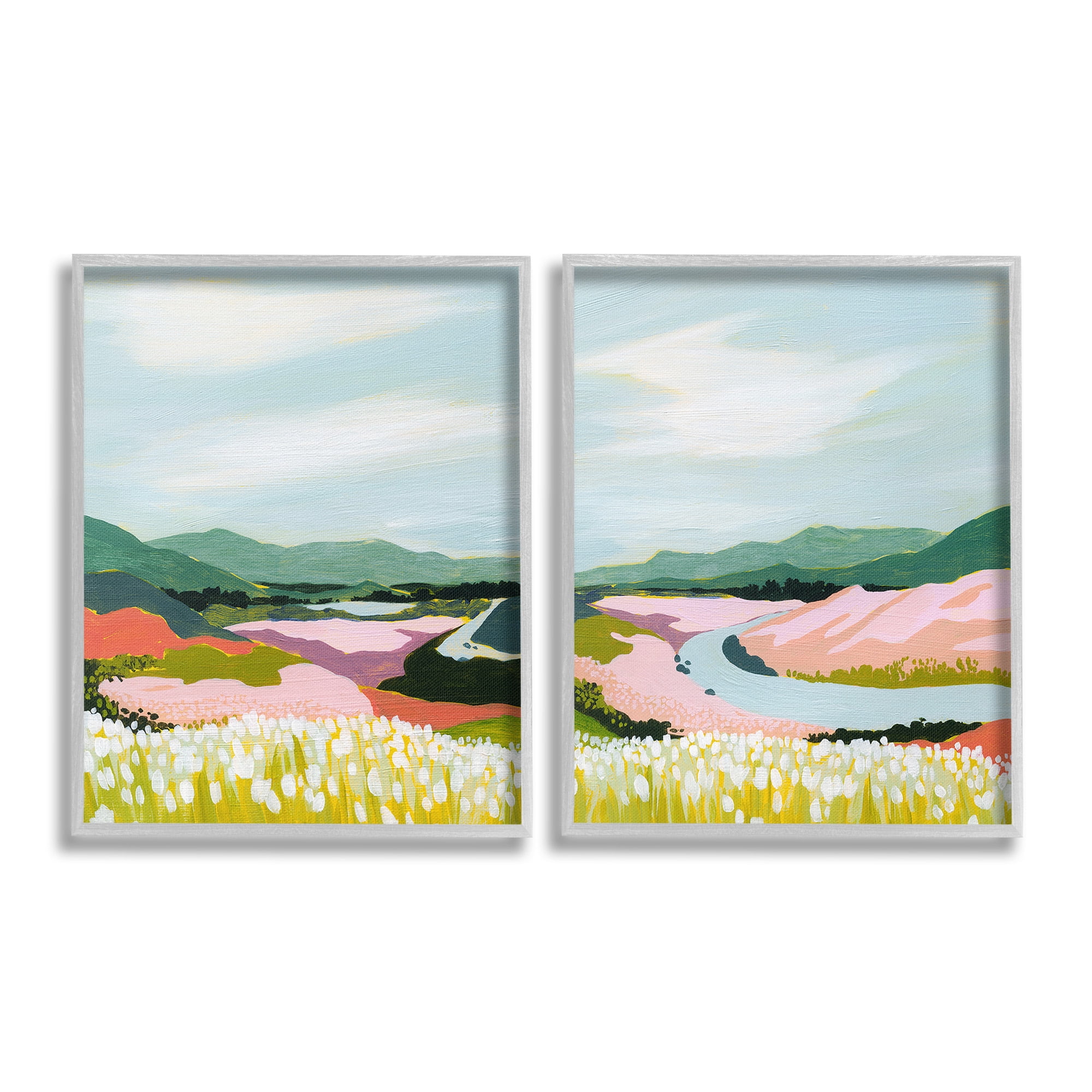 Stupell Industries Mountain Valley Meadow Landscape Painting Gray Framed Art Print Wall Art, 24 x 30, Set of 2