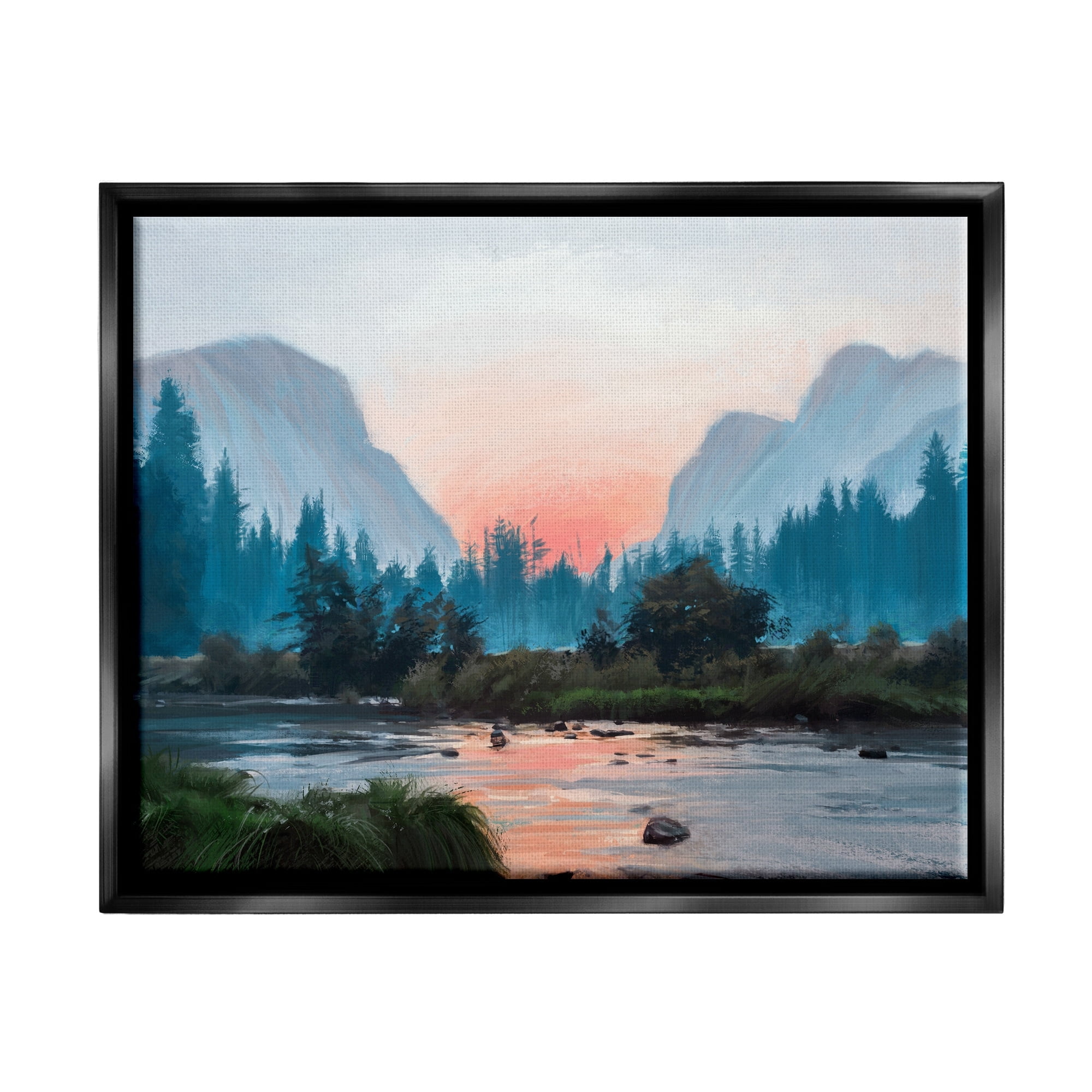 Stupell Industries Mountain Valley Tranquil Sunset Lake Reflection Painting Jet Black Floating Framed Canvas Print Wall Art, Design by Ziwei Li