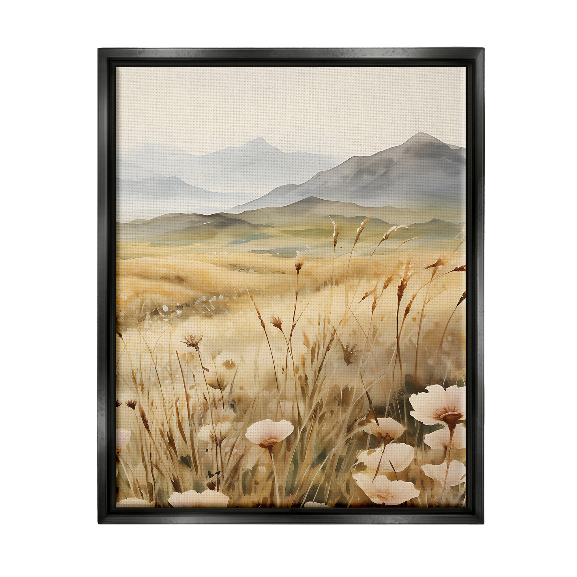 Stupell Industries Mountain View Meadow Landscape Painting Black Floater Framed Canvas Art Print Wall Art, 17 x 21