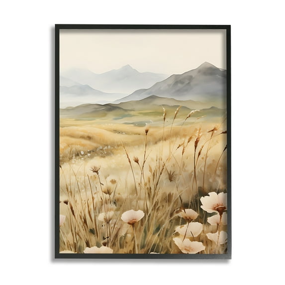 Stupell Industries Mountain View Meadow Landscape Painting Black Framed Art Print Wall Art, 24 x 30