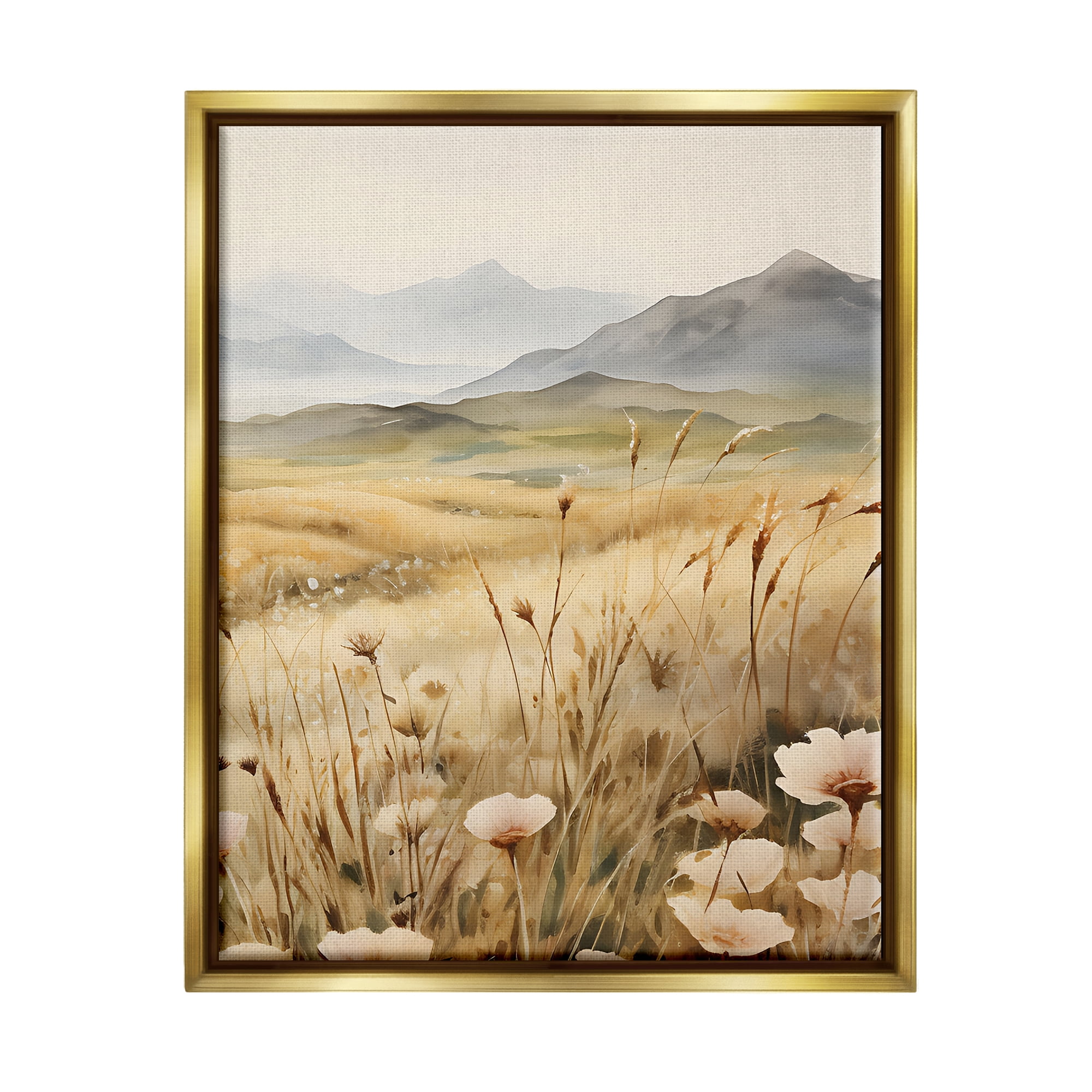 Stupell Industries Mountain View Meadow Landscape Painting Gold Floater Framed Canvas Art Print Wall Art, 25 x 31
