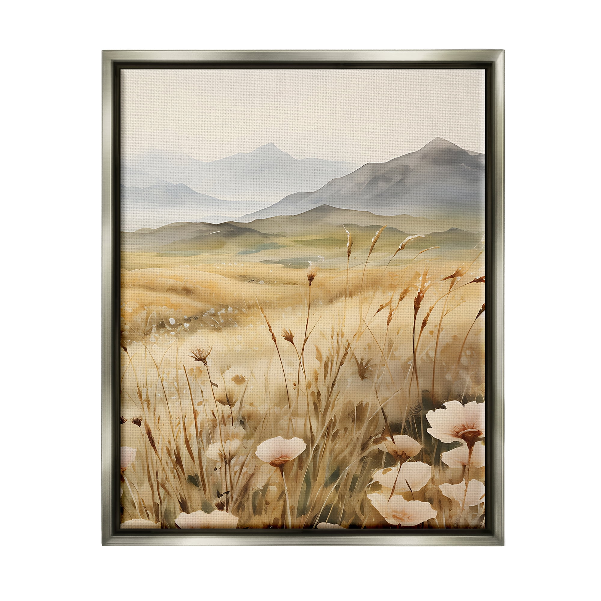 Stupell Industries Mountain View Meadow Landscape Painting Gray Floater Framed Canvas Art Print Wall Art, 25 x 31