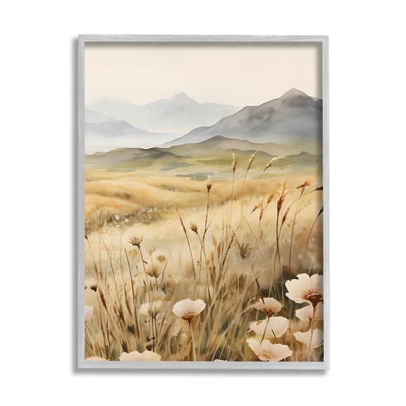 Stupell Industries Mountain View Meadow Landscape Painting Gray Framed Art Print Wall Art, 16 x 20