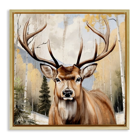 Stupell Industries Mountain Walk Elk Portrait Gold Framed Floater Canvas Wall Art design by Kim Allen, 18 x 18